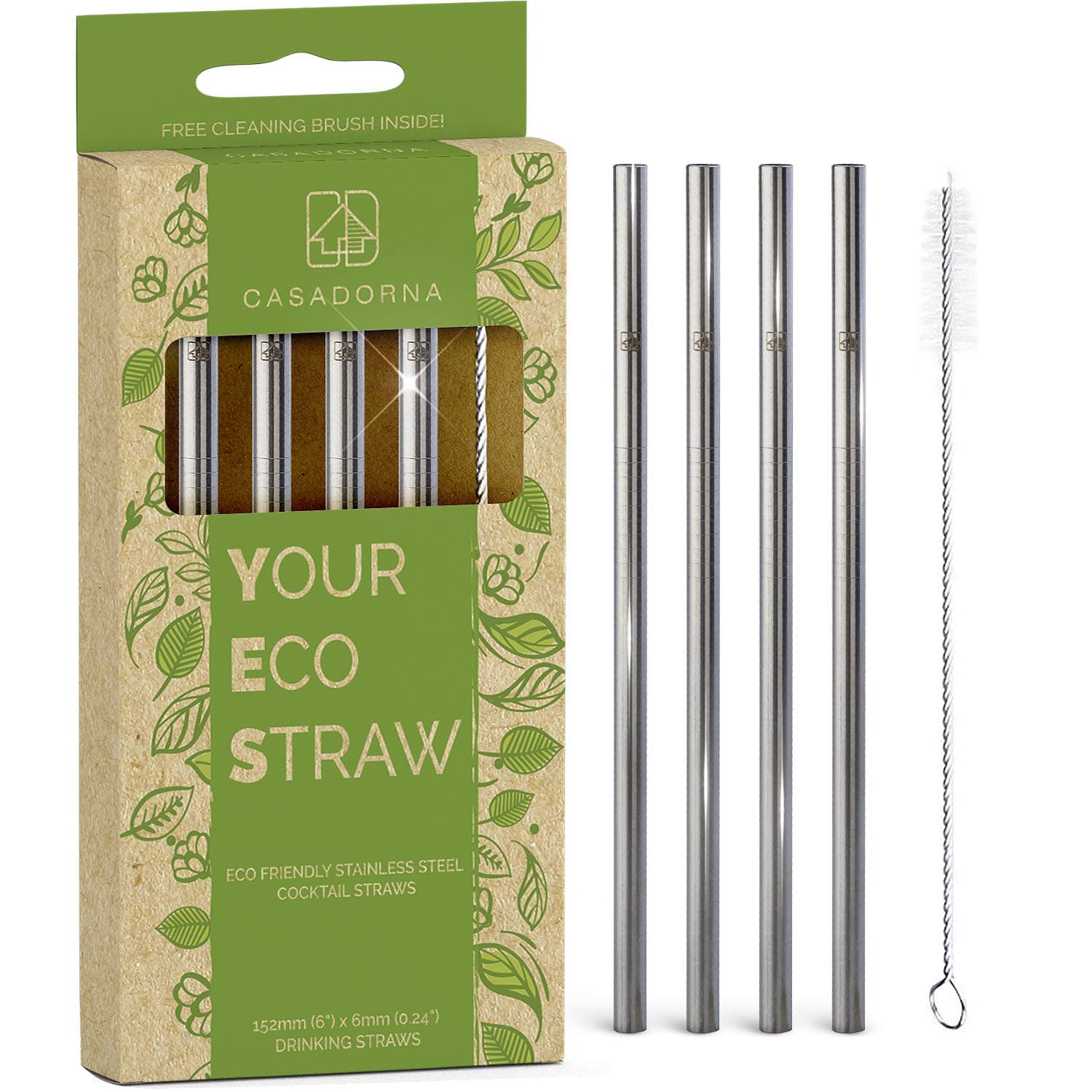 Stainless Steel Reusable Drinking Straws 6" Short & Safer Straws, Coffee, Bar, Cocktail Glasses, Half Pint Jars, Ecologically Friendly, Set of 4 Metal Straws with Brush