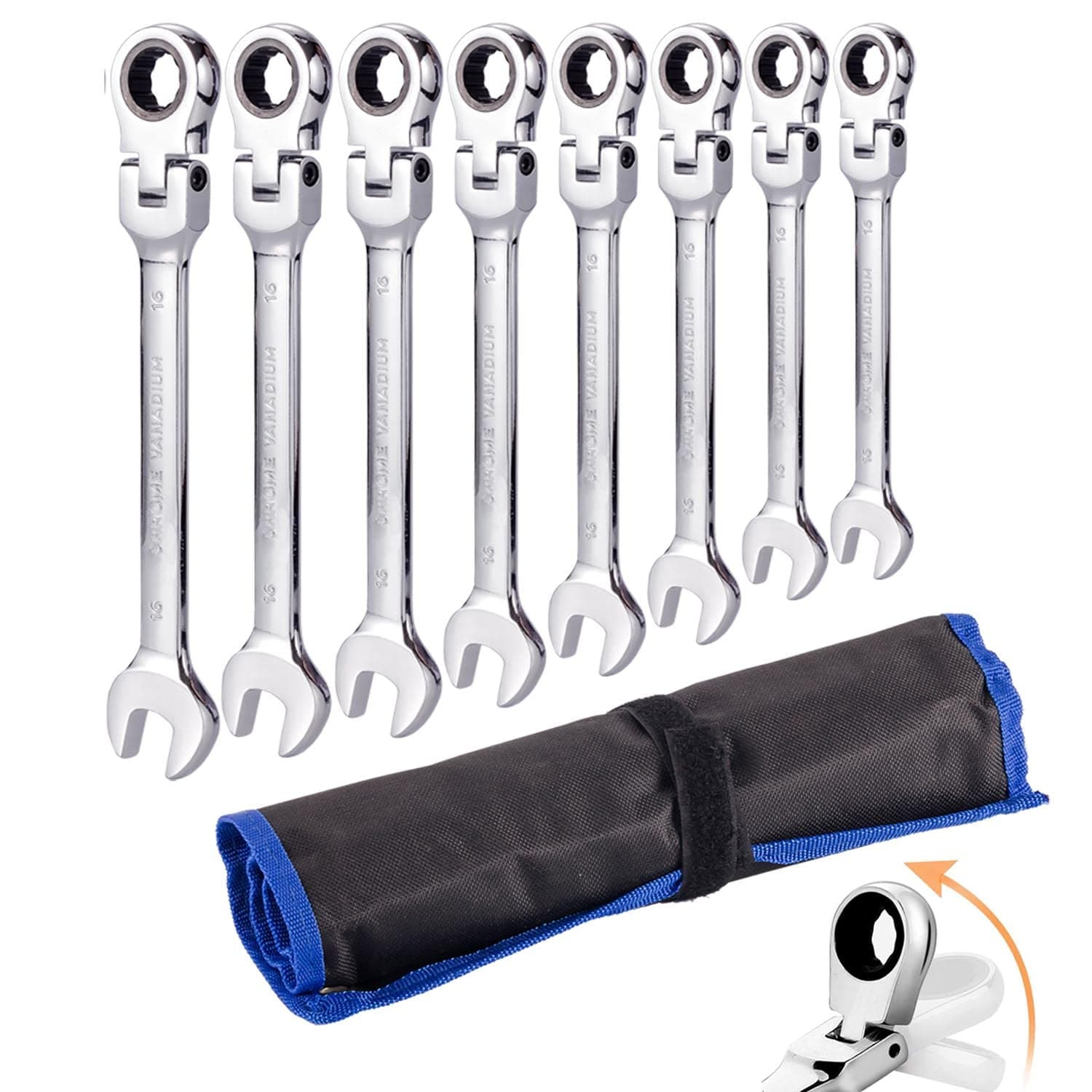 Flexible Ratchet Wrench Set 8pcs 9-17mm Spanner Gear Ring Ratcheting Combination Flexi Wrenches Kit Metric Flex Head