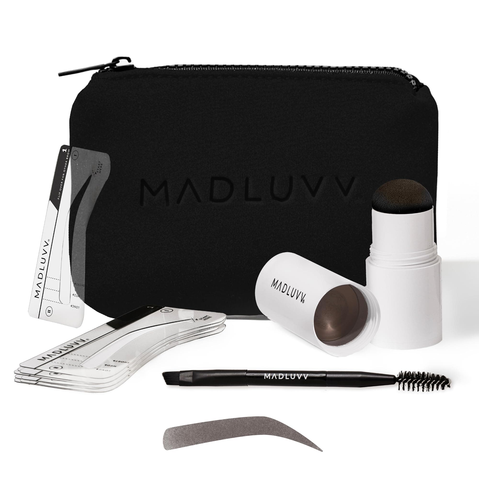 - MADLUVV Brow Stamp Kit with Brow Stencils – Easy Eyebrow Shaper for Natural-Looking Brows – Popular Eyebrow Stencil Kit Used by Professionals – 9 Shapes, Spoolie, Travel Bag & Stamp (Dark Brown)