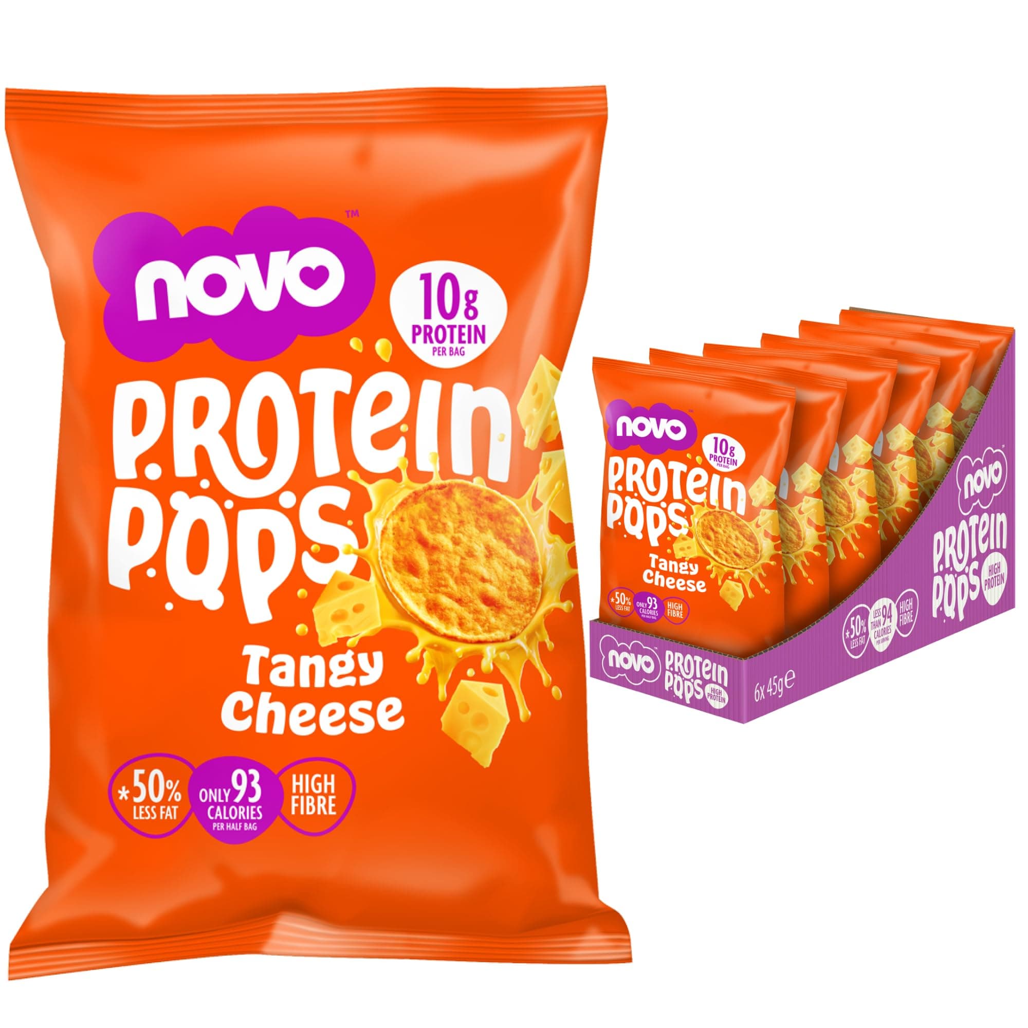 Novo Nutrition | Protein Pops | Healthy Savoury Snack with High Protein, Low Sugar and High Fibre | Pack of 6 x 45g (Tangy Cheese)