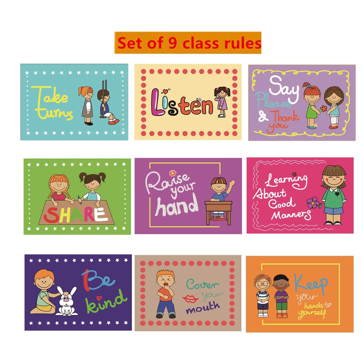 SANTSUN 9 Good Habits Polite Class Rules Teacher Classroom Signs.English Poster Classroom Wall Decoration. Class Organization Charts.