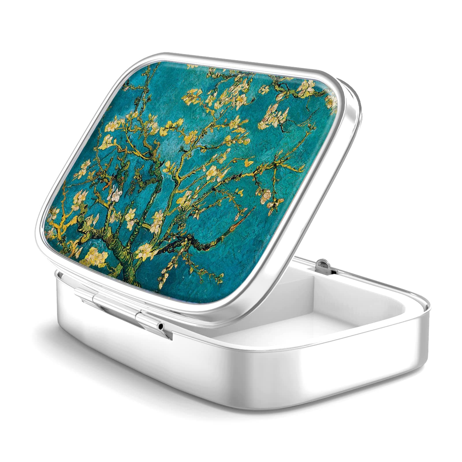 Pill Box 2 Compartment Small Pill Case,Portable for Pocket or Purse Pill Organizer Pill Container Holder to Hold Vitamins, Medication, Fish Oil and Supplements(Almond Blossom)