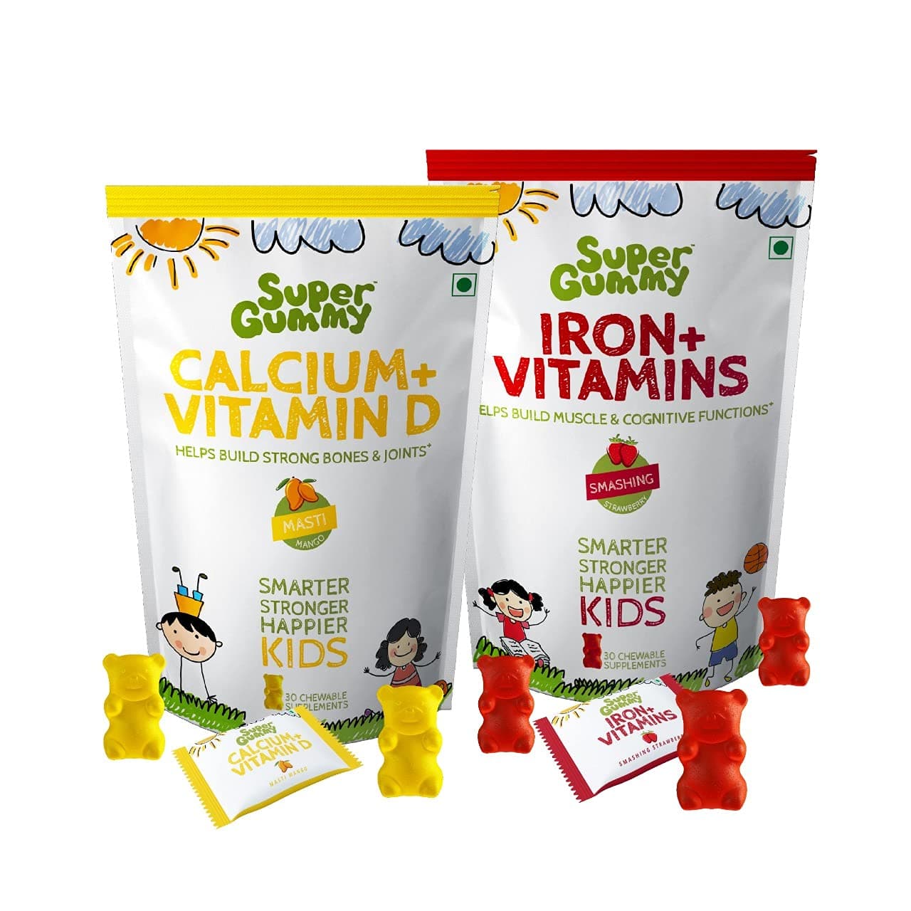Super Gummy Iron & Calcium Gummies for Kids, Build Muscle, Improve Cognition & Strengthen Bones (Combo 2 Pack, 30 Chewable Gummy Bears Per Pack)