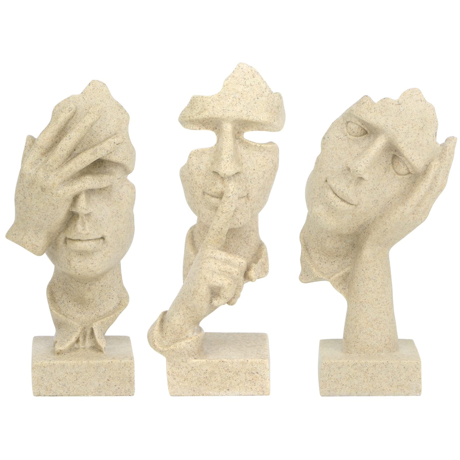 3 Pcs Thinker Statue, Silence is Gold Abstract Art Figurine, No Hear No See No Speak Modern Home Resin Sculptures Decorative Objects Decor for Home Office Bookshelf Desktop(Sandstone)