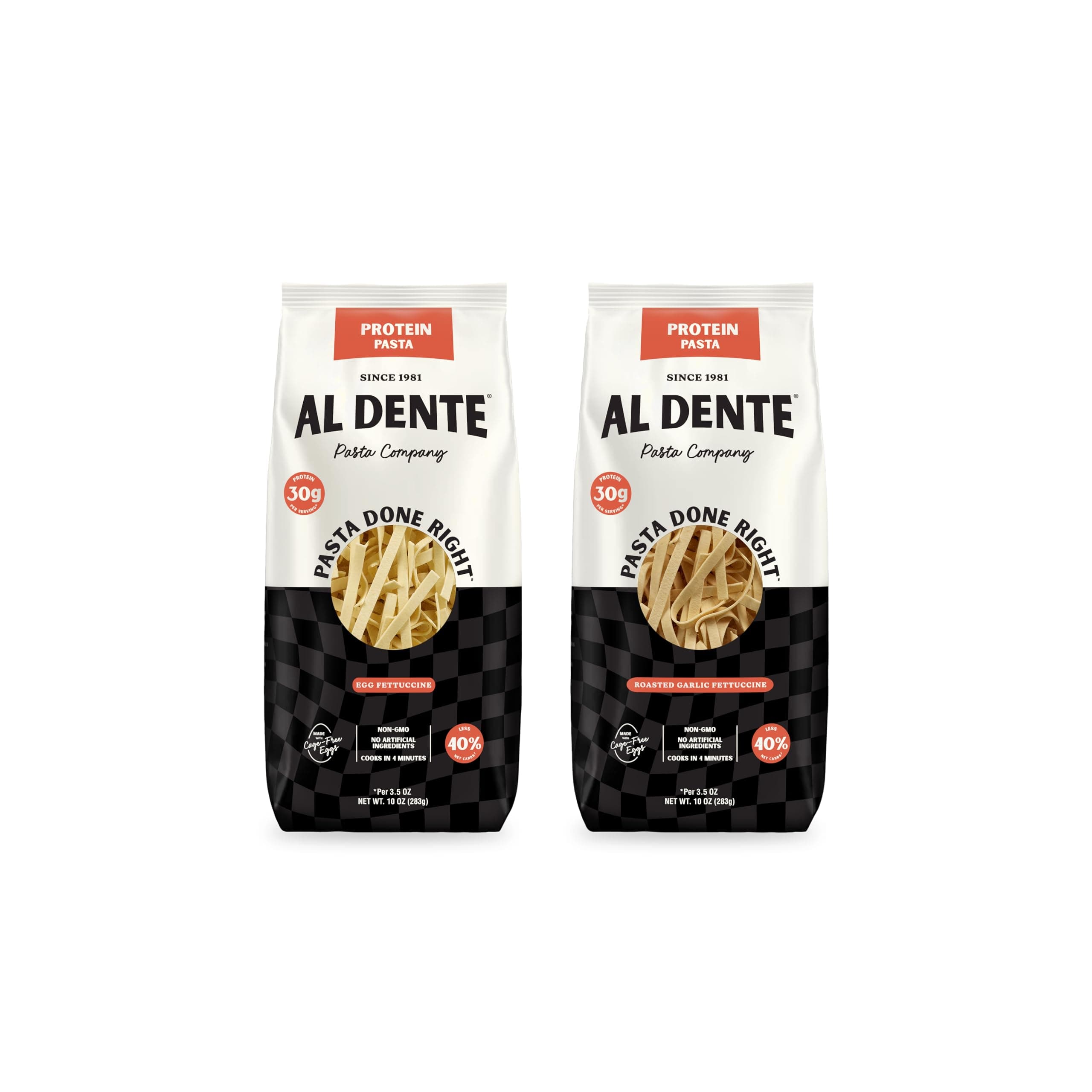 AL DENTE Carba-nada Reduced Carb Fettuccine Pasta Bundle Of Two 10 Ounces Bags: One Egg and One Garlic Roasted Fettuccine