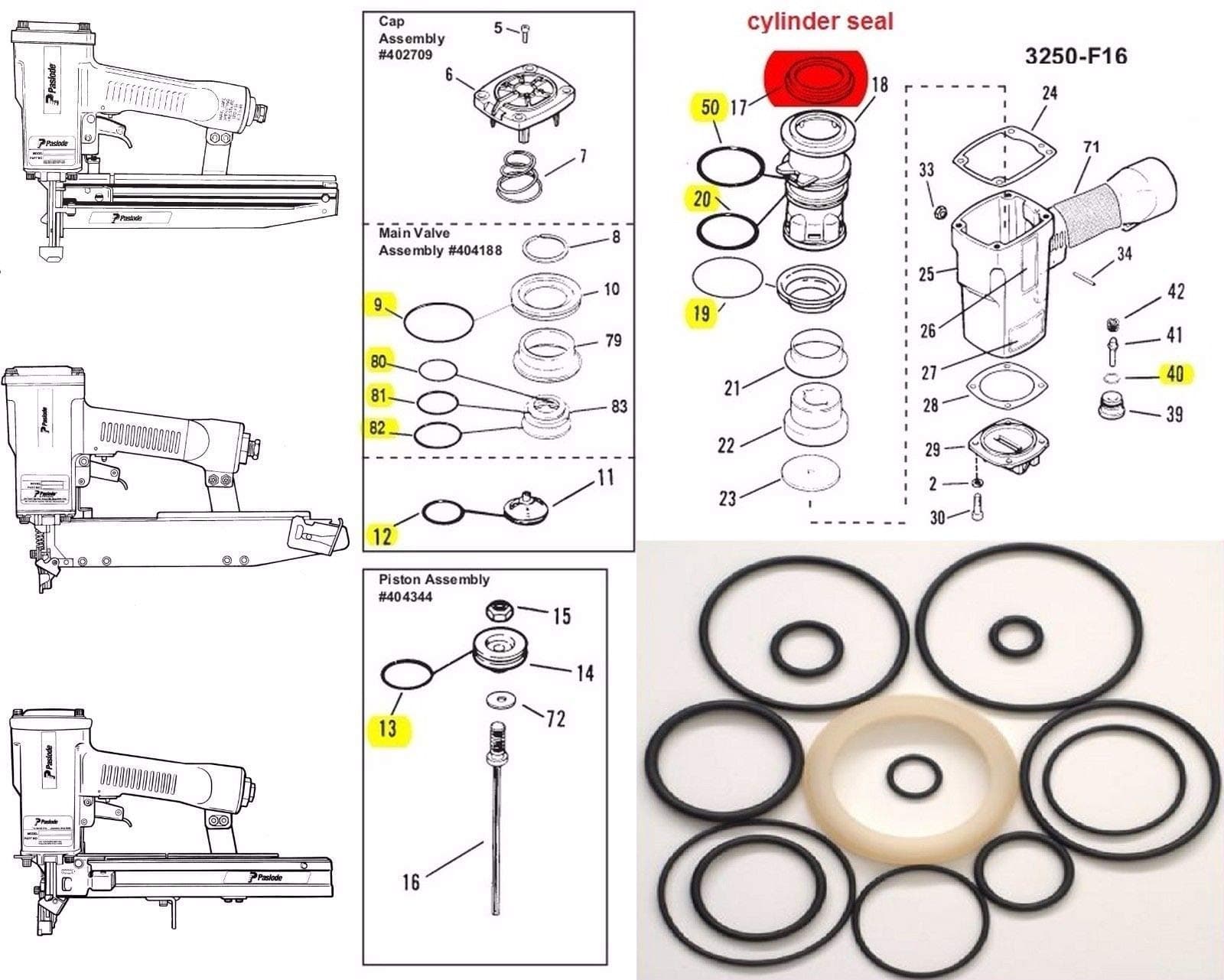 O ring + Cylinder Seal Part # 402725 Kit for Paslode 3250 F16 Finish Nailer