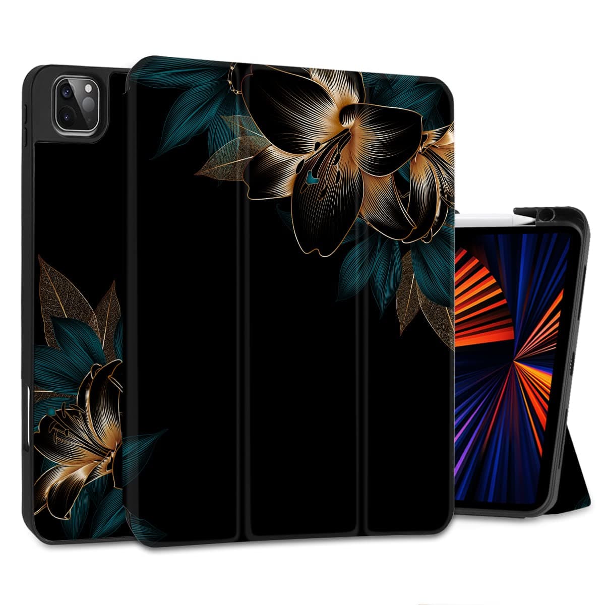 MEEgoodo for iPad Pro M2 12.9 Case 6th/5th/4th/3rd Generation 2022 2021 2020 2018 with Pencil Holder, Tablet Cover with Soft TPU Back Shell, Golden Lilies