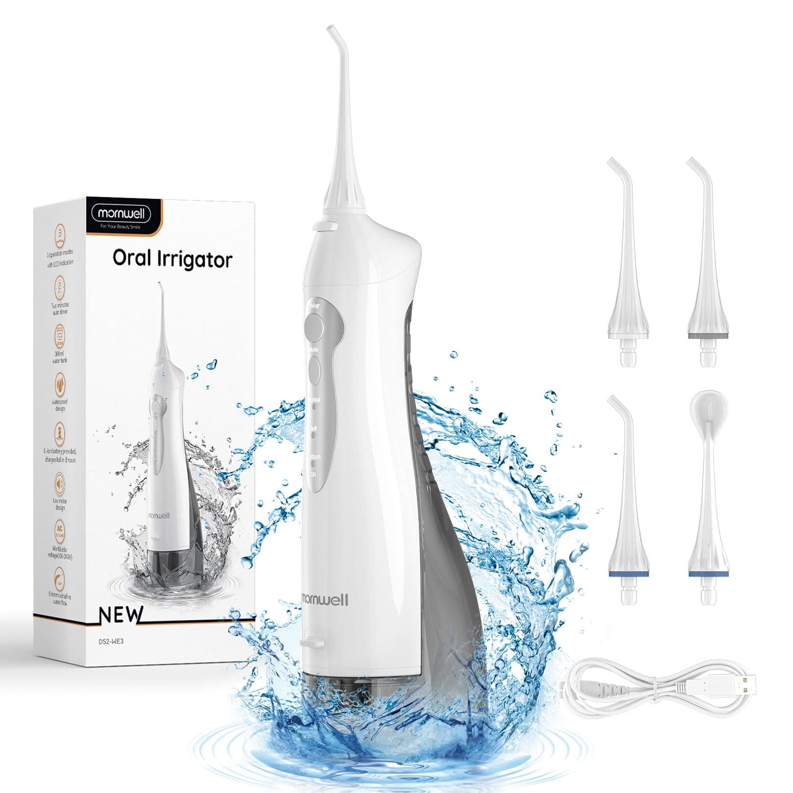 MornwellUSB Recharging Water Flosser Cordless Teeth Cleaner, 330ML 3 Modes Portable Dental Oral Irrigator USB Rechargeable Electric Dental Flosser for Teeth Braces Bridges Care Home Travel