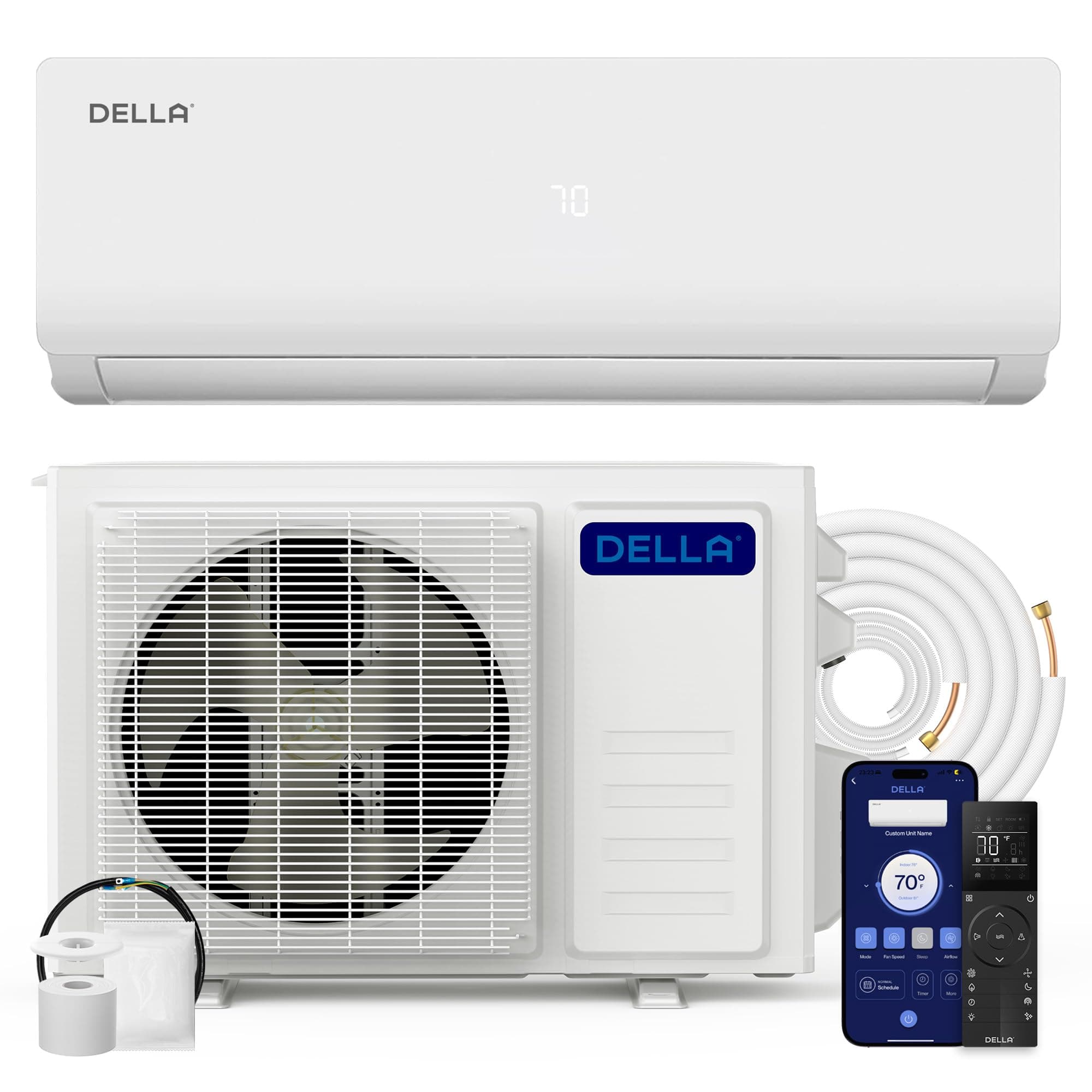 DELLA Vario Series 18000 BTU Wifi Mini Split AC, Work with Alexa 21 SEER2 Cools Up to 1000 Sq.Ft, Energy Efficient 230V Ductless Inverter System with 1.5 Ton Pre-Charged Heat Pump & 16.4ft Kit