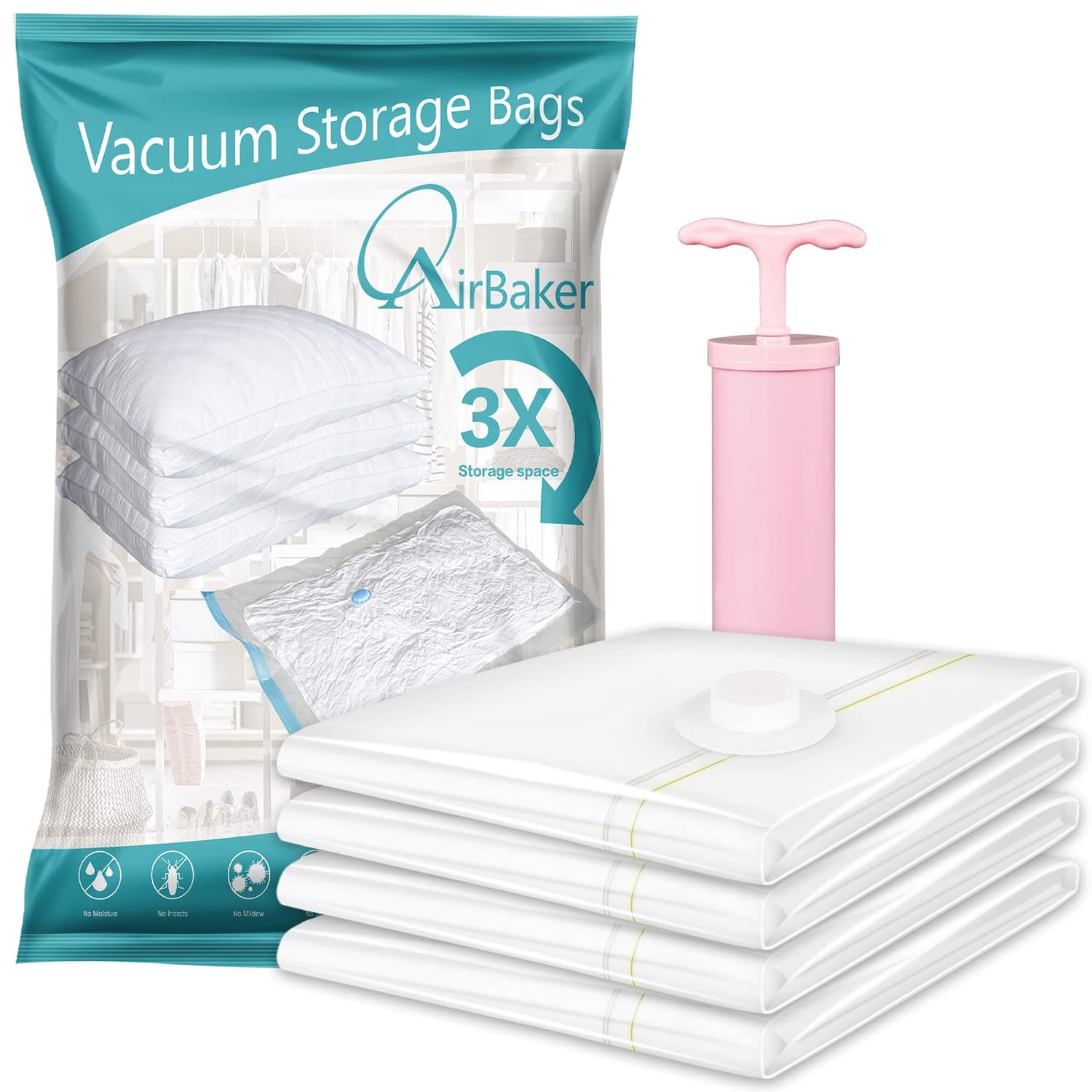 Vacuum Storage Bags, Space Saver Bags 4 Jumbo for Comforters Blankets Clothes Pillows Travel Vacuum Storage Seal Bags Hand Pump Included