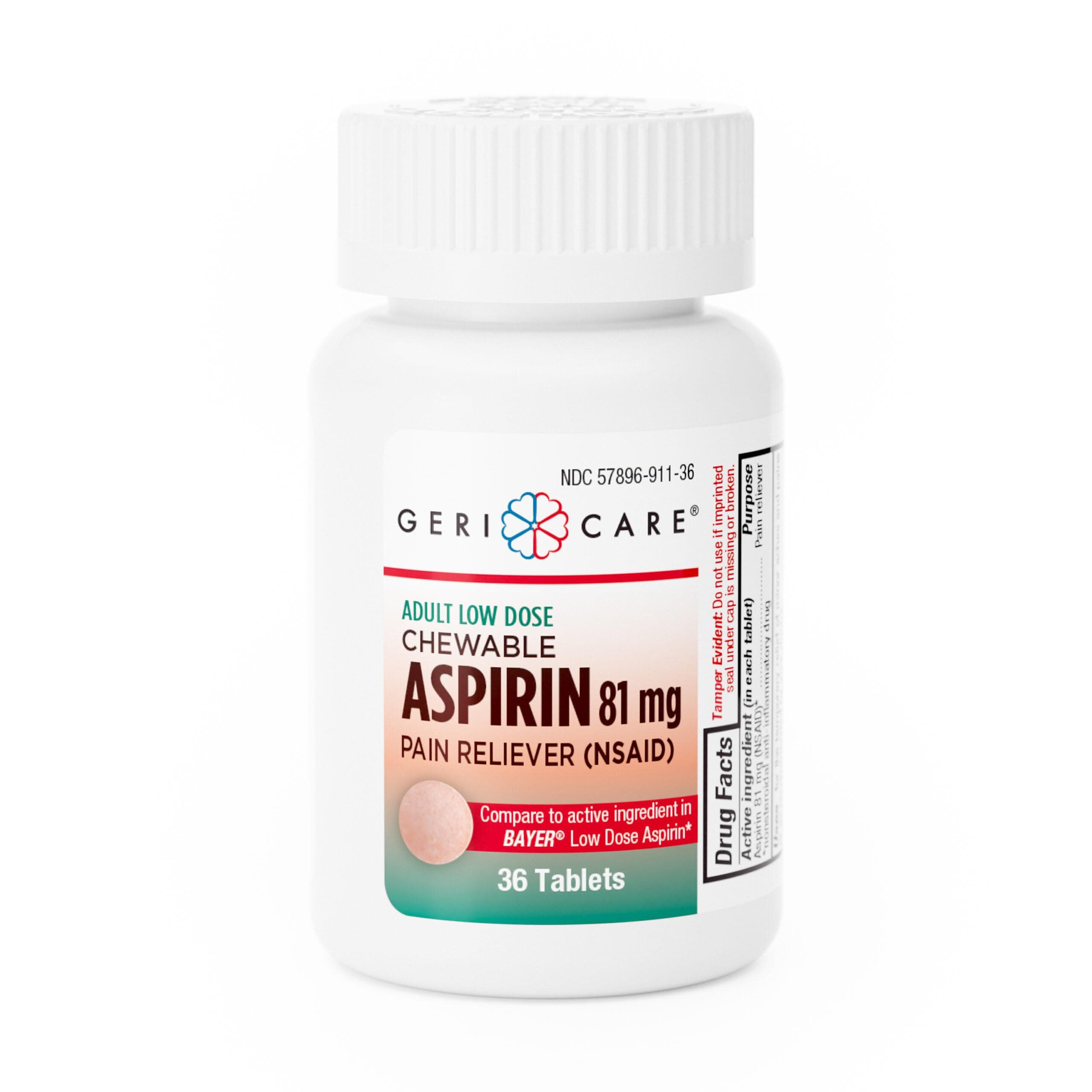 GeriCare Low Dose Adult Chewable Aspirin 81mg, Pain Reliever, Fever Reducer, 36 Count (Pack of 2)