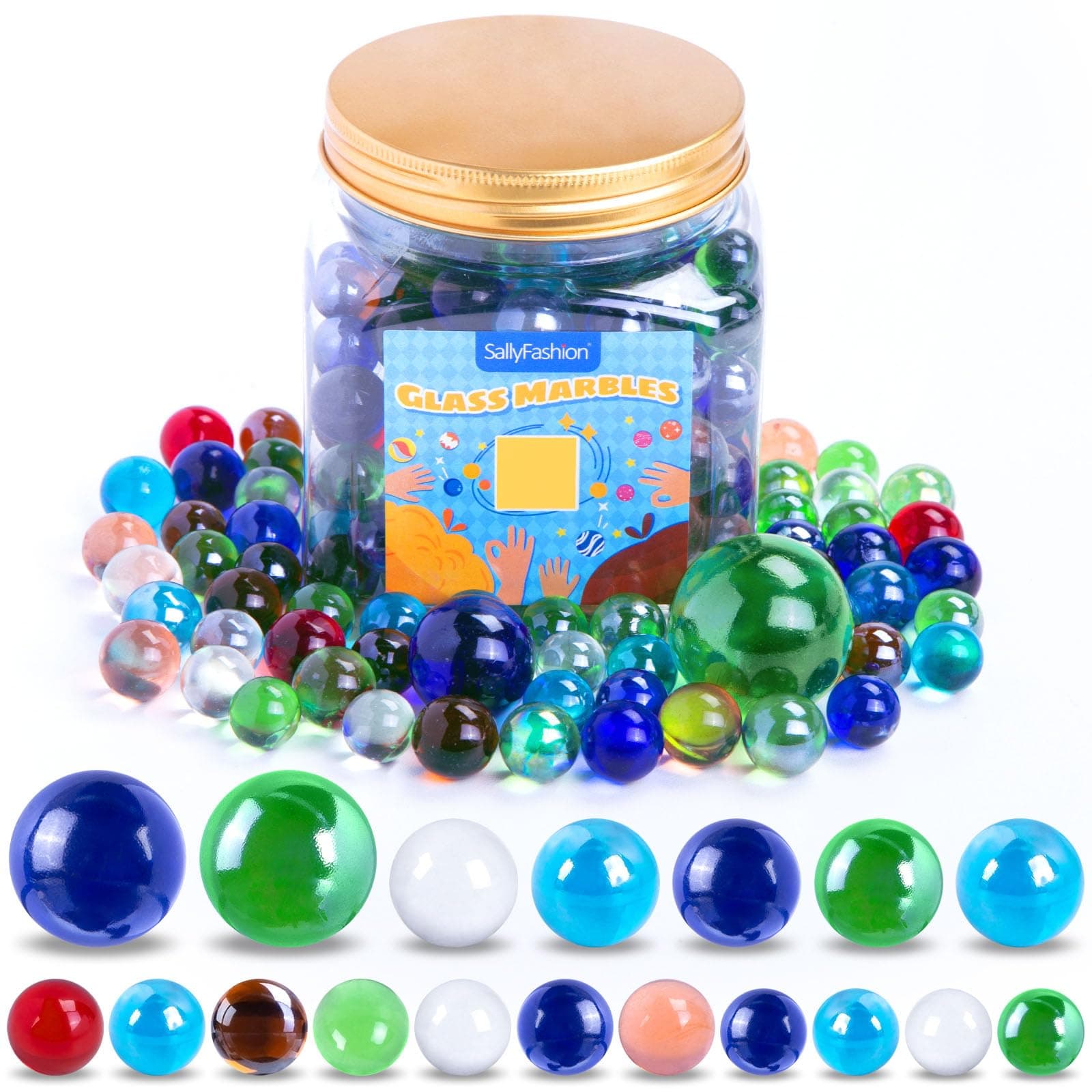 SallyFashion 145PCS Colorful Marbles Bulk, Glass Marbles with Jar, Assorted Sizes for Vase Fillers Table Scatter Aquarium Decor