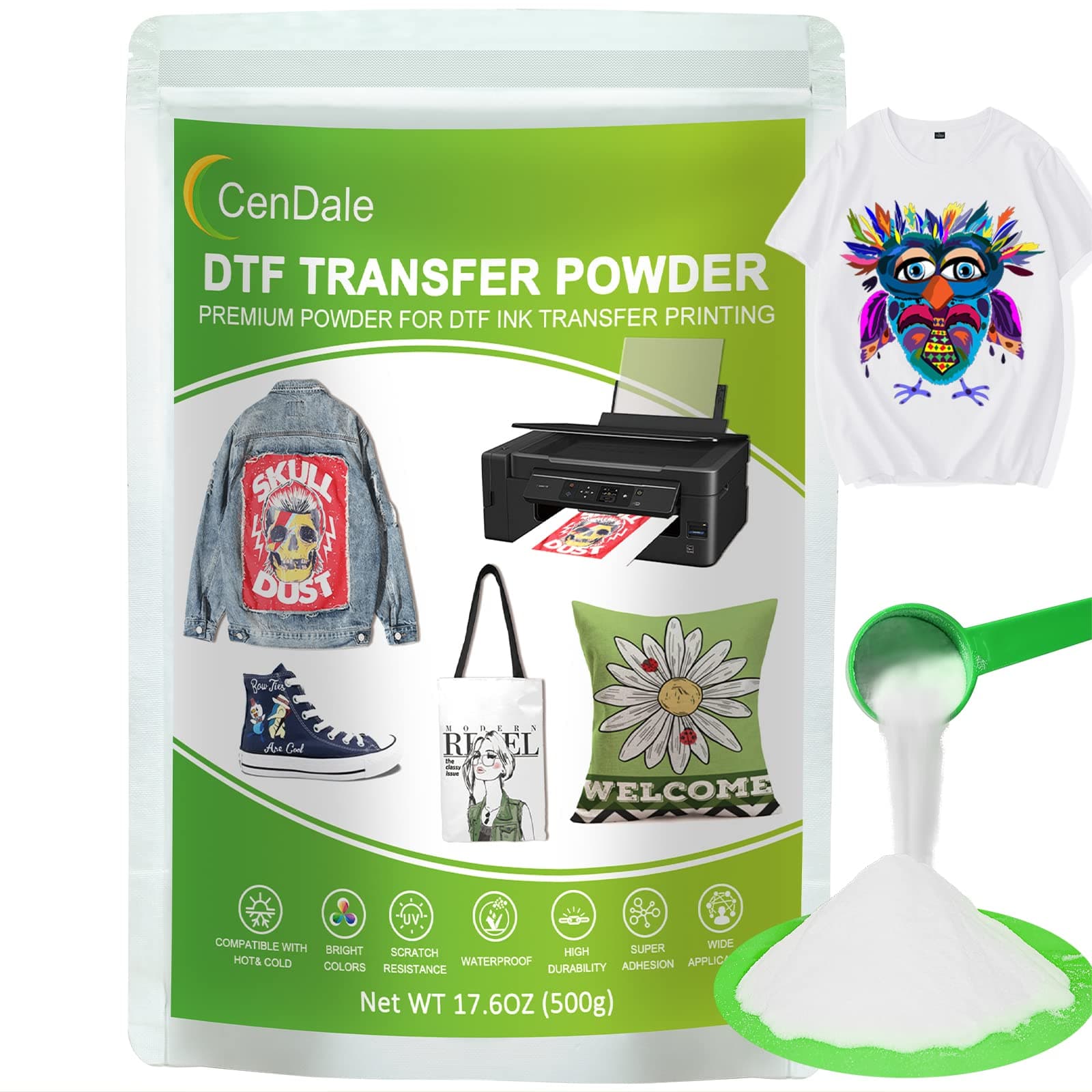 CenDale DTF Powder, 17.6oz White Hot Melt Adhesive Digital DTF Transfer Powder for Sublimation, Compatible with DTF and DTG Printers, DTF PreTreat Powder for All Fabric Jeans Cotton T-Shirt