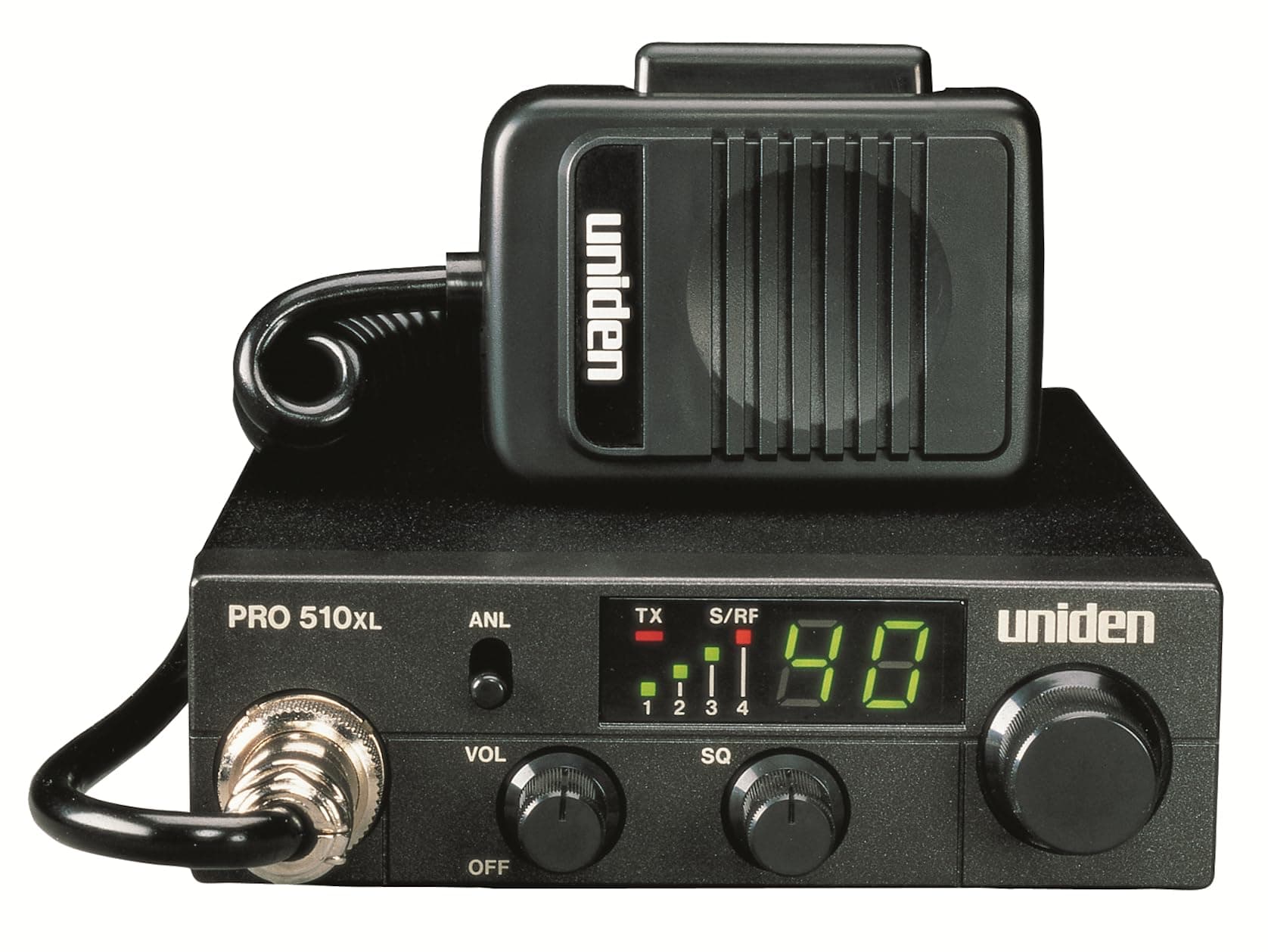 Uniden PRO510XL Pro Series 40-Channel CB Radio. Compact Design. Backlit LCD Display. Public Address. ANL Switch and 7 Watts of Audio Output. Unique PLL Circuit. S/RF LED Meter, Black