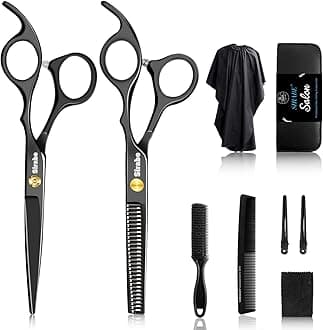 Sirabe 10 PCS Hair Cutting Scissors Set, Professional Haircut Scissors Kit with Cutting Scissors, Thinning Shears, Comb, Cape, Clips, Black Hairdressing Texturizing Shears Set for Barber, Salon, Home