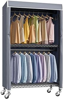 VIPEK R2C Medium Rolling Garment Rack with Cover Heavy Duty Clothes Rack Adjustable Clothing Rack for Hanging Clothes Portable Closets with Double Rods, Wardrobe on Wheels, Black Rack with Grey Cover