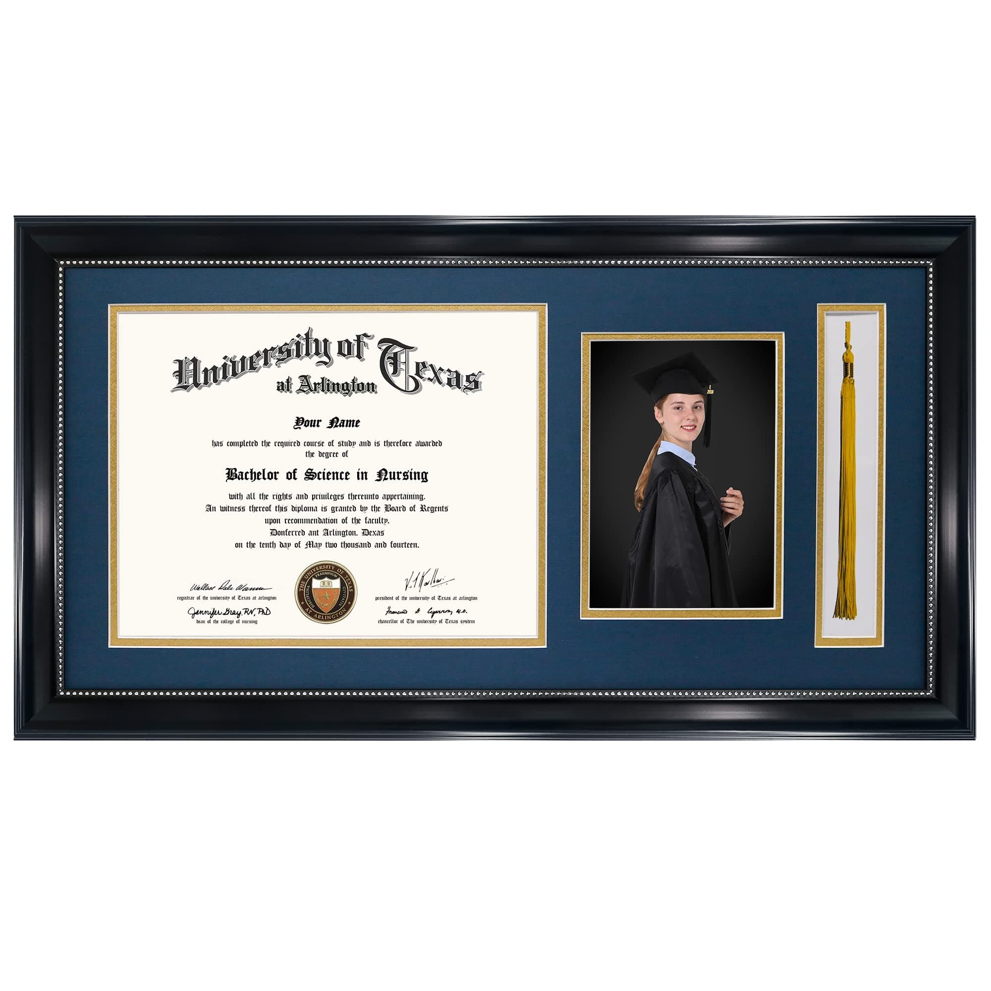 11x22 Black Diploma Frame with Tassel Holder and Picture for 8.5x11 Certificate 5x7 Photo,Real Glass,Navy over Gold Mat