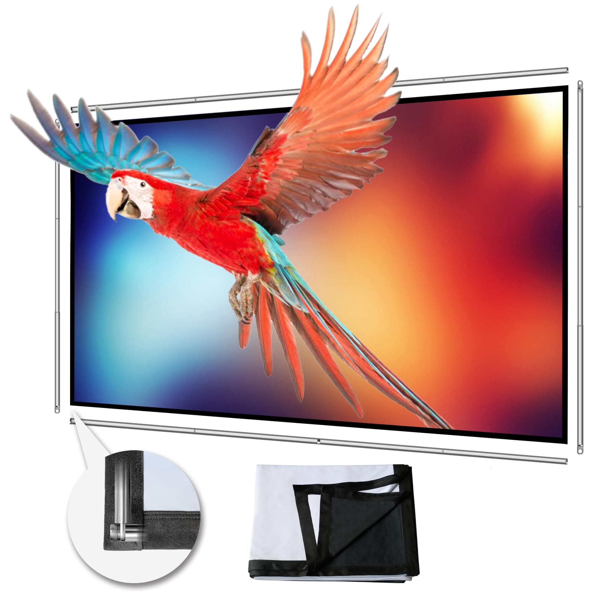 Foldable Projector Screen 70 inch with Telescopic Rod Combination Frame 16:9 HD 4K Anti-Crease Black Backing Silver Portable Projection Screen (2024V)