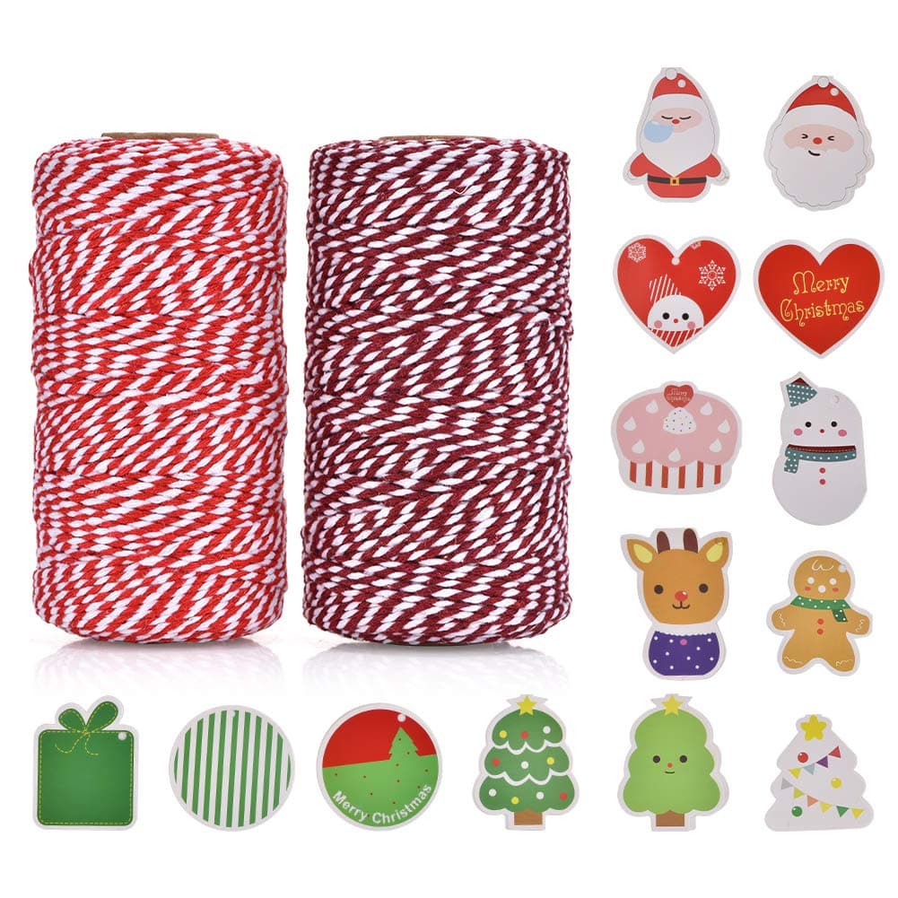 Red and White Bakers Twine, SEFONE 328 Ft 100% Cotton Crafts Christmas Holiday Twine, Decorative Bakers Twine for DIY Crafts and Gift Wrapping Bonus with 14 Pcs Christmas Cards (2 Rolls)