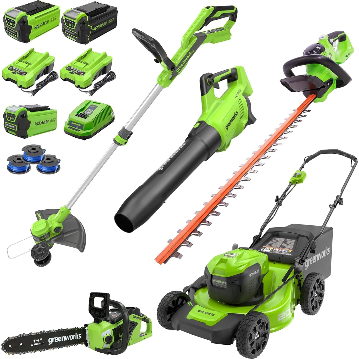 Greenworks 40V 20" Mower,Axial Leaf Blower,12" String Trimmer,Chainsaw,Hedge trimmer with Batteries and Chargers