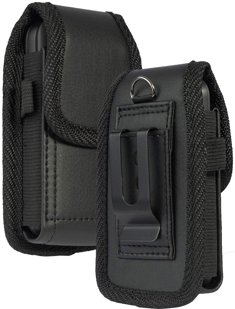 Flip Phone Case, Nakedcellphone Black Vegan Leather Vertical Pouch [with Belt Loop, Metal Clip, Magnetic Closure] for Alcatel Go FlipV, MyFlip, TCL Flip3, Blu Cingular Flex 2, Nokia 2720 2760 2780