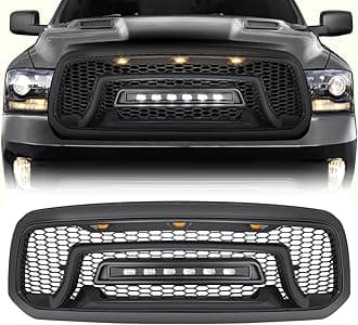 Front Grille Compatible with 2013-2018 Dodge Ram 1500, 2019-2023 Ram 1500 Classic, Matte Black Bumper Grill w/Off-Road Lights