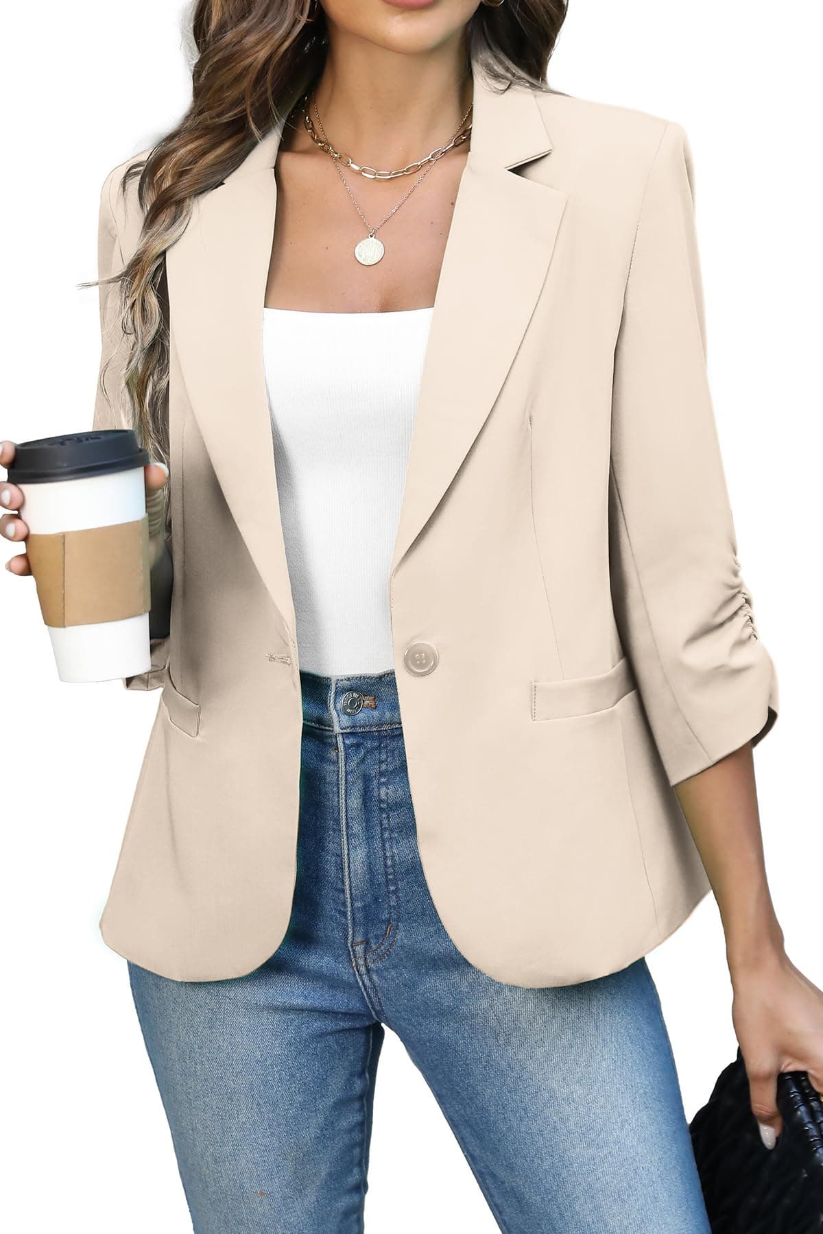 ELLEVENWomen's Ruched 3/4 Sleeve Blazers, Lightweight Slim Fit Jackets with Padded Shoulder for Business Casual