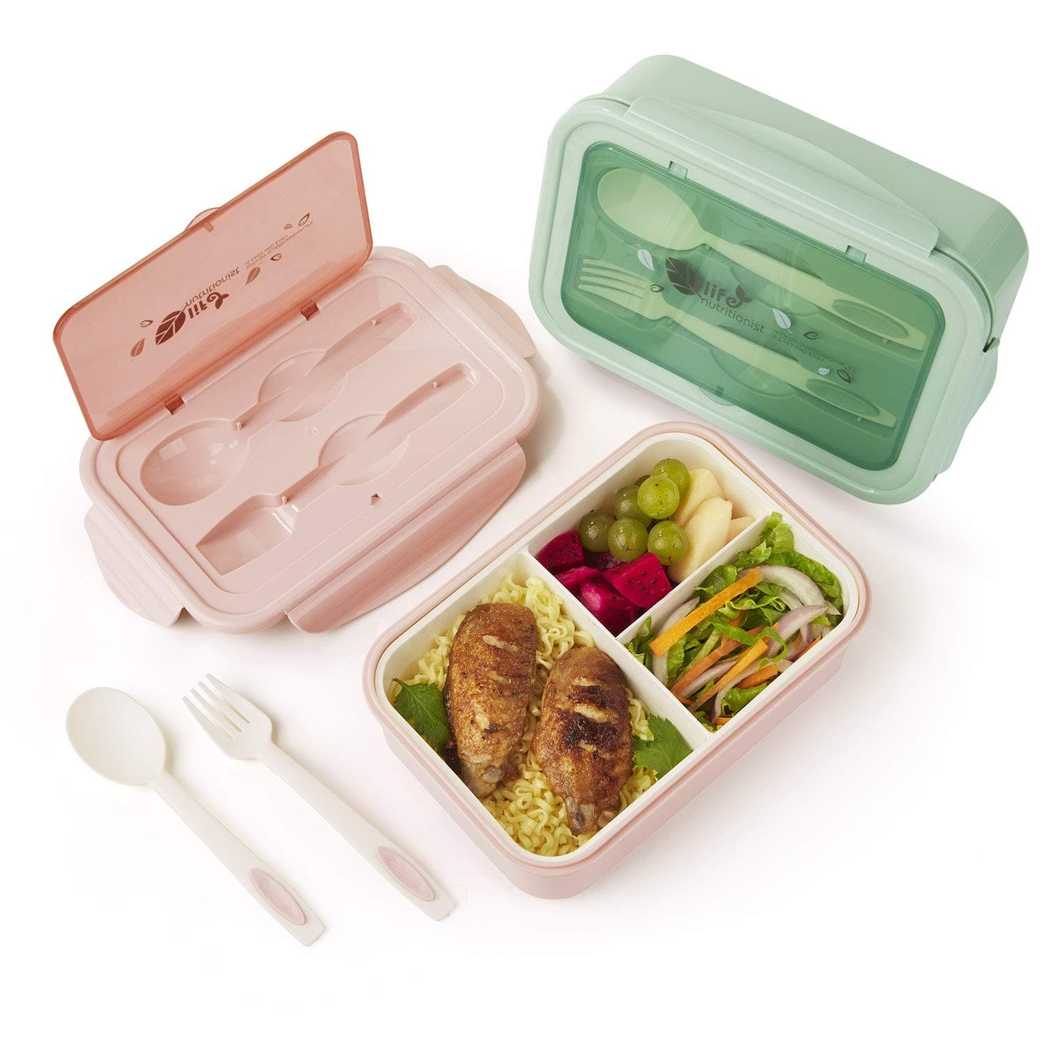 2 PACK Lunch Containers For Kids & Adults, Bento box with Spoon & Fork,Reusable 3-Compartment Divided Food Storage Container Boxes, On-the-Go Meal and Snack Packing(Green+Red)