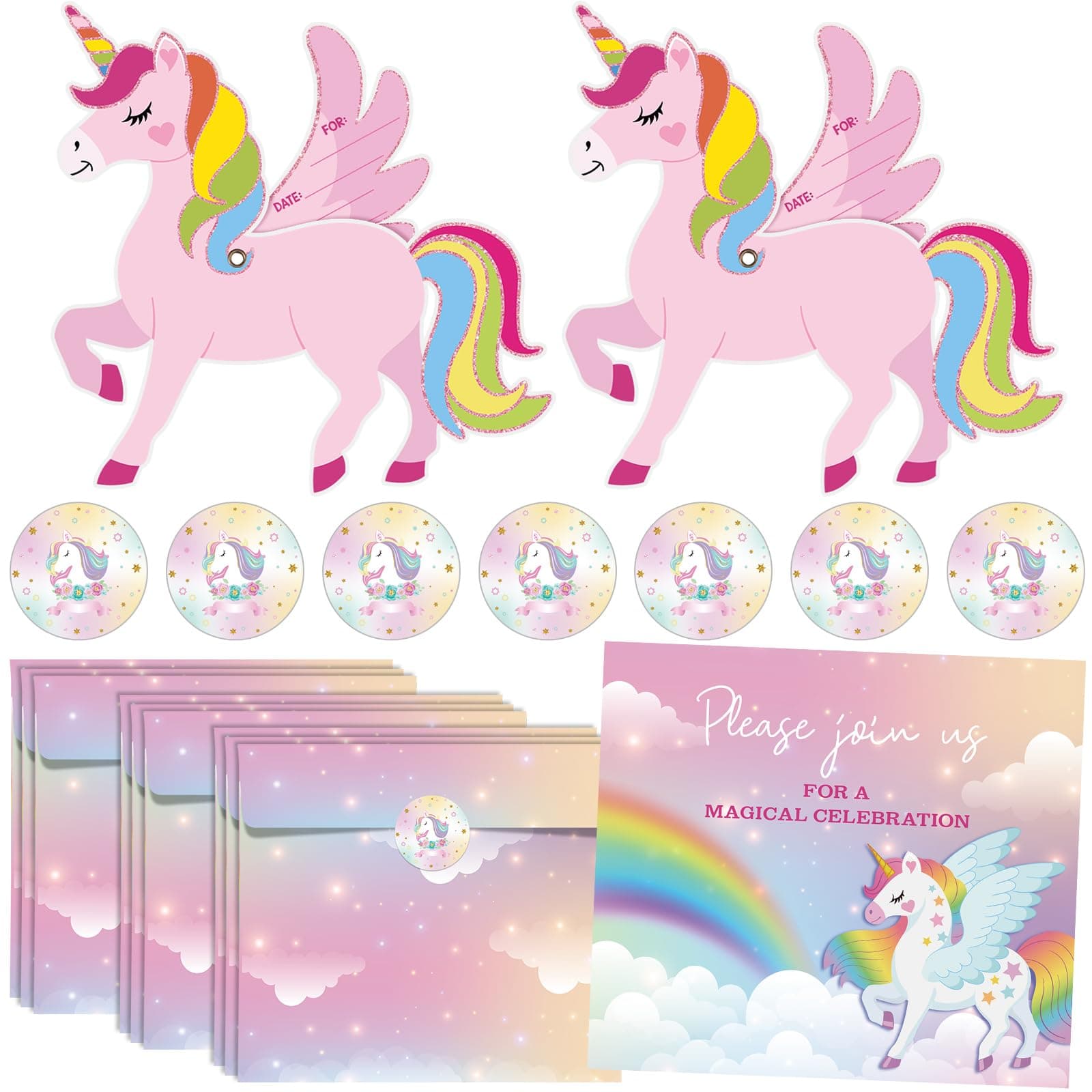 Pasimy 24 Pack Unicorn Party Invitation Card with Envelope Sticker Unicorn Birthday Invitation Rainbow Cards for Women Birthday Party Supplies Baby Shower Favor