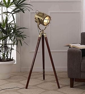 Decorative Antique Tripod Floor Lamp for Living Room, Bedroom, Study – Vintage Industrial Wooden Stand with Adjustable Height, Fabric Shade, Elegant Home Décor Lighting for Modern & Classic Interior.