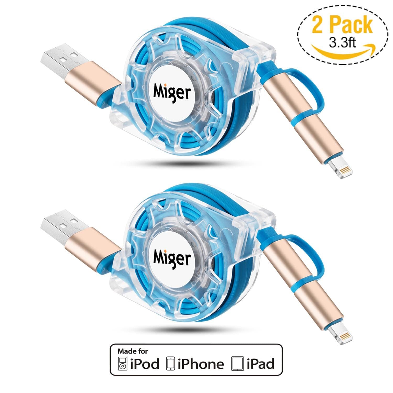 Miger 2Pack 3.3Ft 1M [Apple MFi Certified] Retractable Charge and Sync 2 in 1 Cable with Lightning & Micro USB Connectors for iPhone, iPad, iPod Touch/5 Nano 7 on iOS11, Samsung/HTC & More(Blue)
