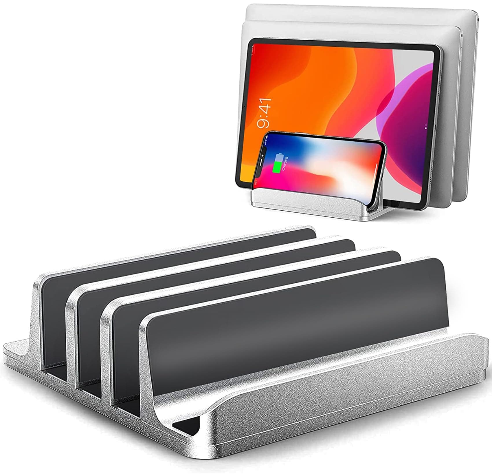 ARGIGUVertical Laptop Stand [Updated Version],3-Slot Space-Saving Aluminum Desktop Stand Holder with Adjustable Dock Size Compatible for All MacBook/HP/Dell/Surface/Samsung/Chrome Book(Silver)