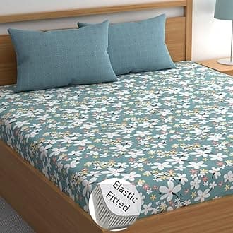 LOOMLYFE 300 TC Cotton Feel Glace Cotton Elastic Fitted Printed King Size Double Bed Bedsheet with 2 Pillow Covers Fits Upto 8 inches Mattress, Size- 72X78 Inches, SkyBlue