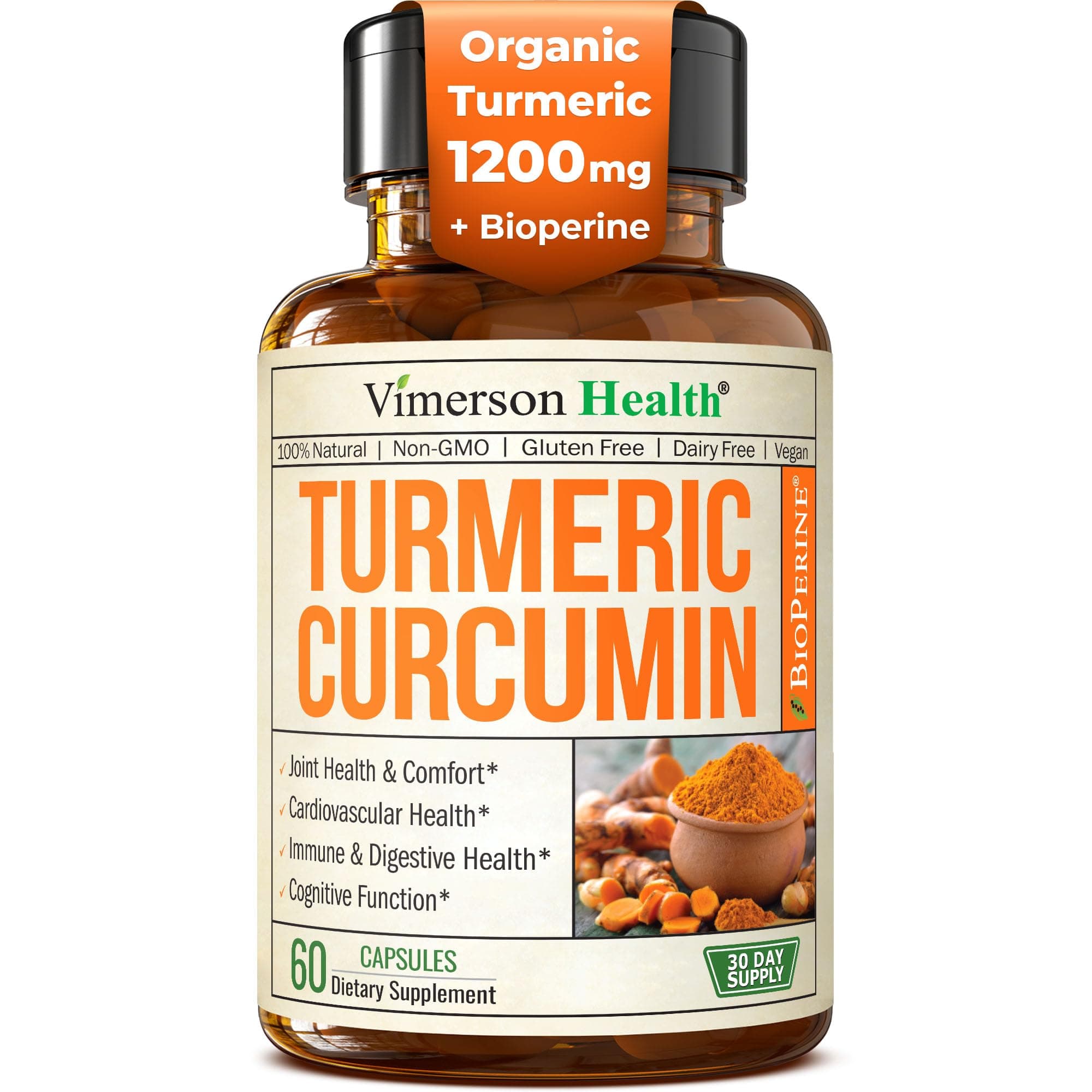 Vimerson Health Turmeric Curcumin with Bioperine Joint Pain Relief. Anti-Inflammatory, Antioxidant Supplement with 10 mg Black Pepper, 60 Capsules