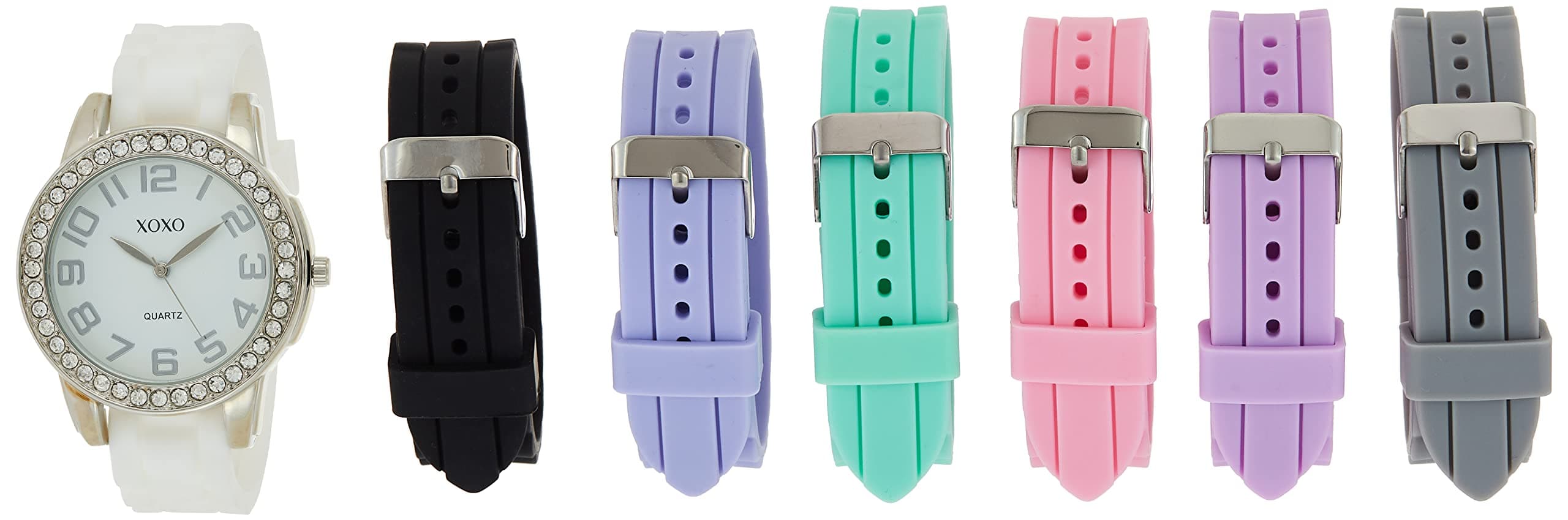 XOXO Women’s Silver-Tone Analog Watch with Crystal-Accent Bezel – 7 Interchangeable Silicone Bands – Stylish Quartz Timepiece with Adjustable Fit – Gift-Ready Box