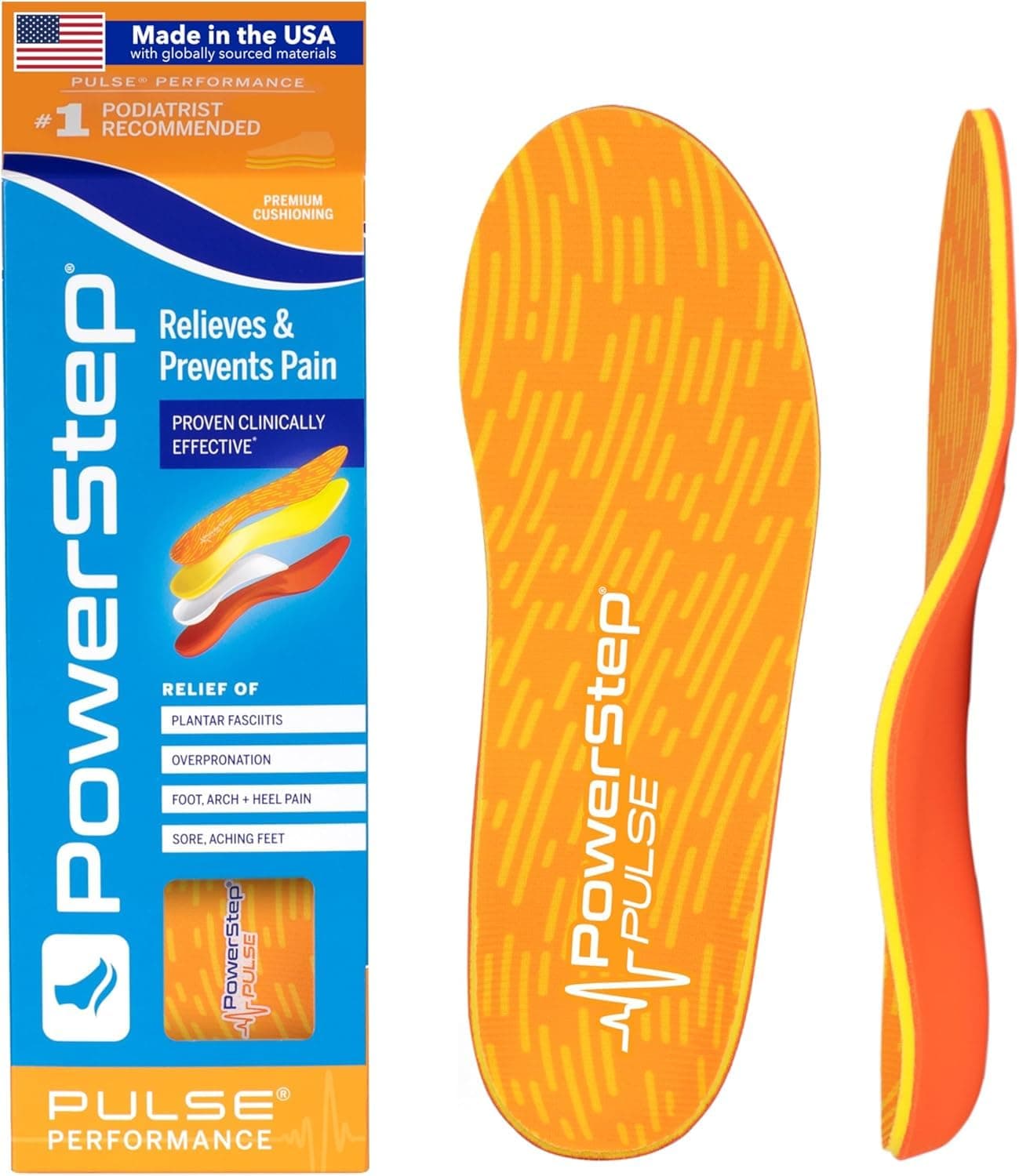 Insoles, Pulse Performance, Running Shoe Pain Relief Insert, Athletic Arch Support Orthotic for Women and Men - Made in The USA (M 5-5.5, W 7-7.5)