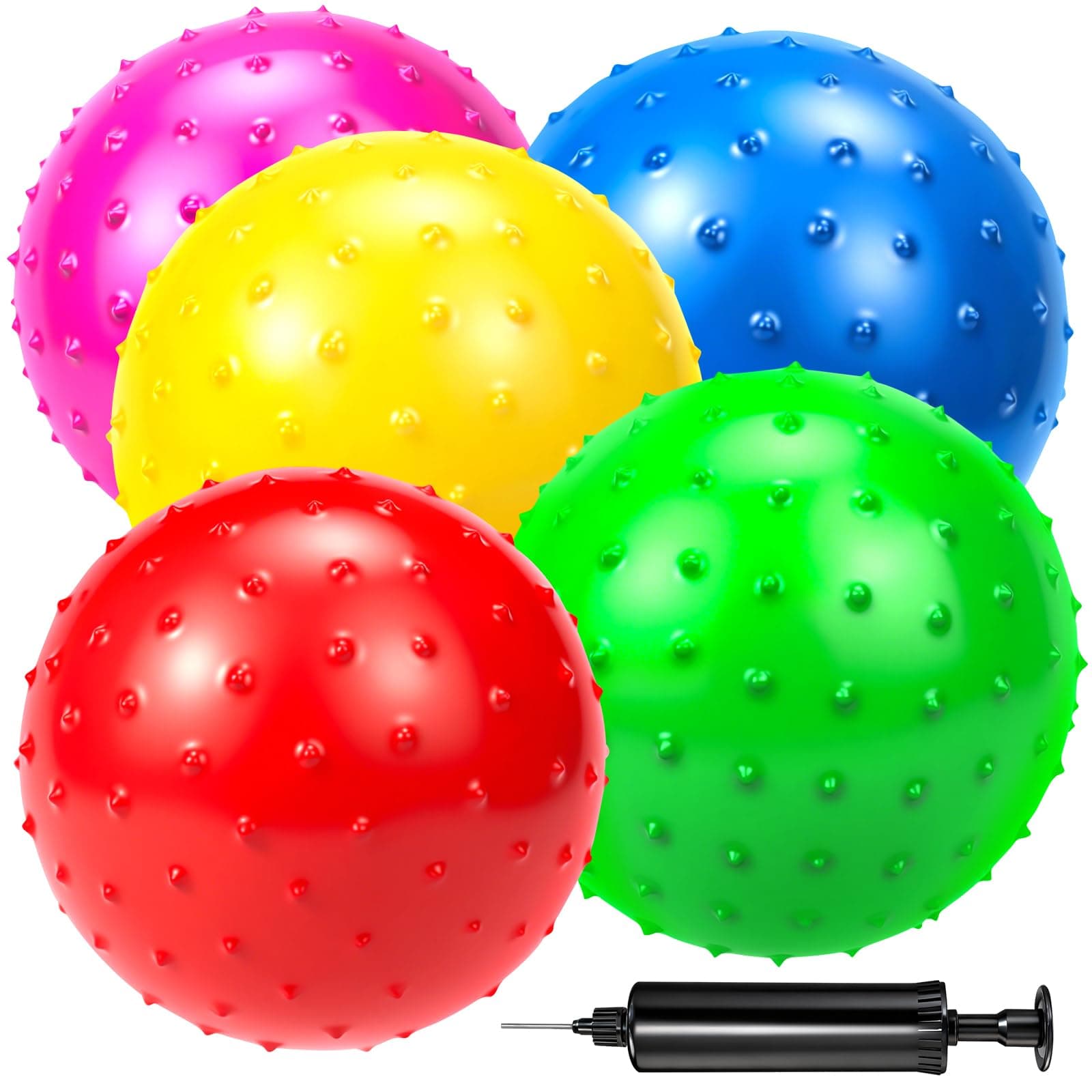 Hymaz Knobby Balls Bulk 9" Soft Bouncy Balls Sensory Toys Spiky Massage Stress Balls, Set of 5 Sensory Balls Party Favors, Stocking Stuffers for Kids Toddlers,Fun Beach Ball with Pump