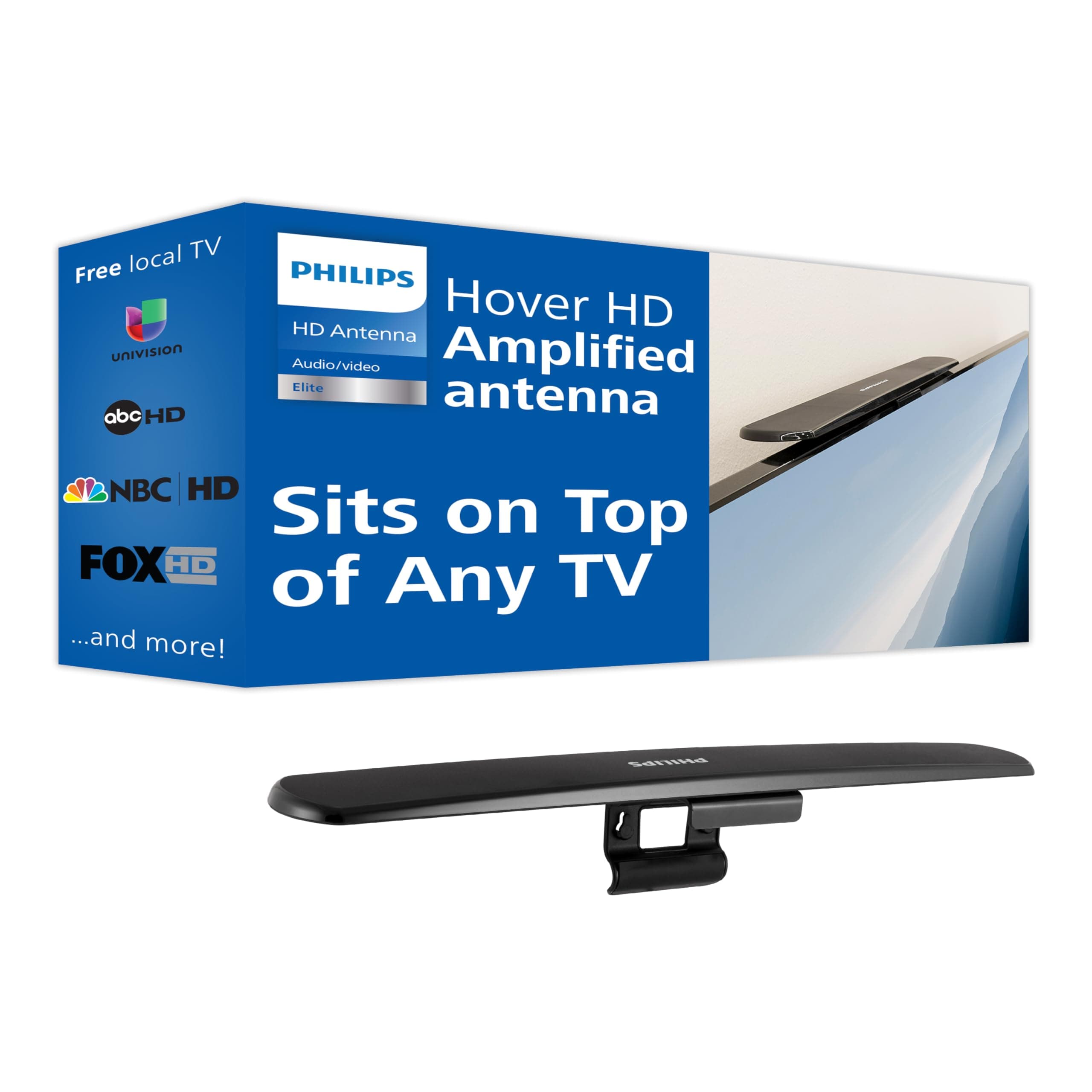 Philips Amplified HD TV Antenna, Easy Mount for Top of TV, Indoor, Long Range, Full 1080P 4K Ultra HDTV VHF UHF, Included Signal Booster Amplifier, SDV7219N/27