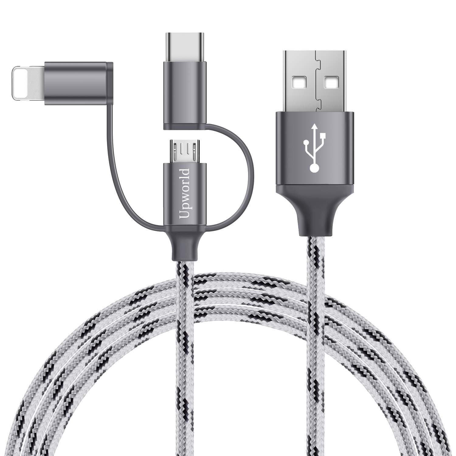 Multi Charger Cable, Upworld 3 in 1 Fast Nylon Braided USB Charging Cords 3ft(1M) Micro USB Cable Compatible with Type C, andriod, Galaxy7/s8/s9, Phone6/7/8, HTC, Sony, LG, and more(Gray)
