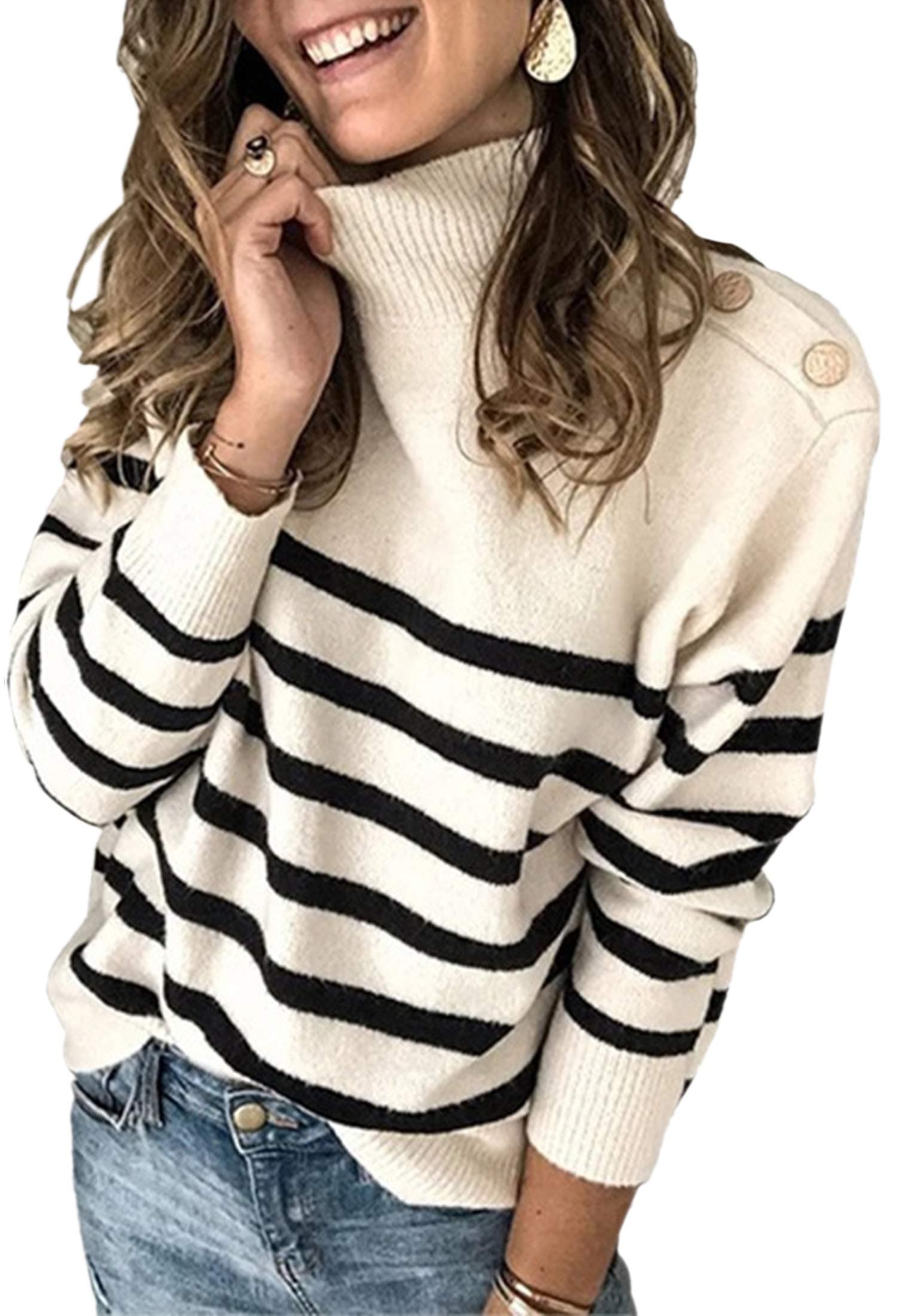 Angashion Women's Sweaters Casual Long Sleeve Crewneck Striped Winter Pullover Knit Sweater Tops