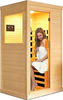 OUTEXER Far Infrared Sauna Home Sauna Spa Room Canadian Hemlock Wood 1200W Indoor Saunas Low EMF 110V with 7 Color Light and Tempered Glass Door, Room: 35.2 * 27.6 * 61.6Inch