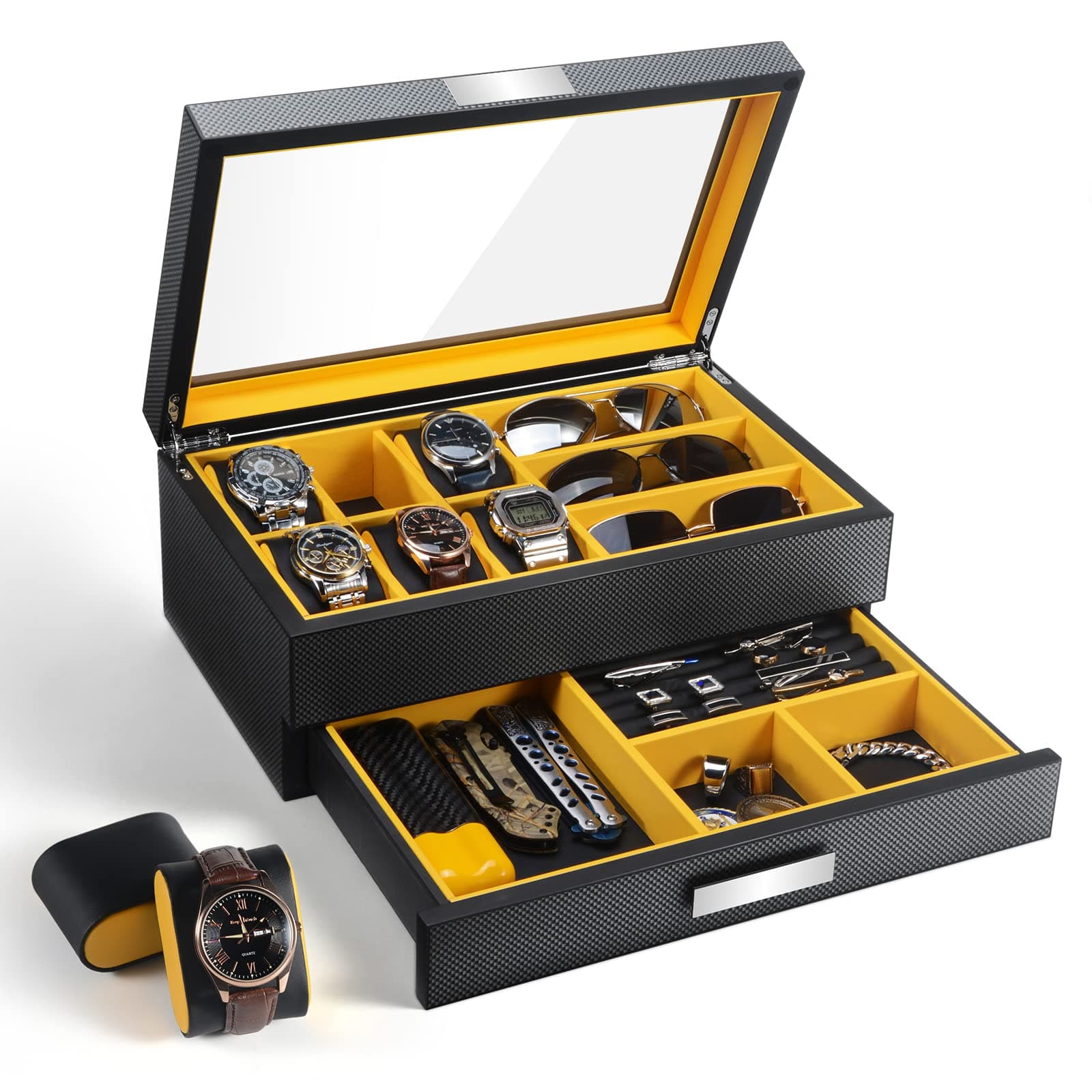 Watch Box Organizer for Men, Luxury Watch Display Case with Valet Drawer, 6 Slot Watch Holder with Glass Top, Large Jewelry Watch Storage Box for Sunglasses Ring