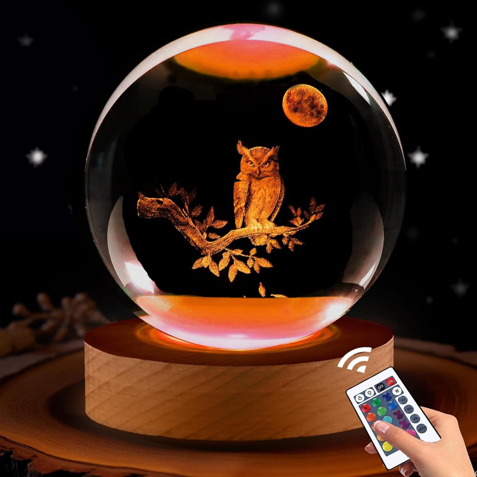 3D Owl Figurine Crystal Ball Lamp with Remote Control - 3.15in Decor for Bedroom, Birthday Christmas Gifts for Women, Kids, Girls, Boys