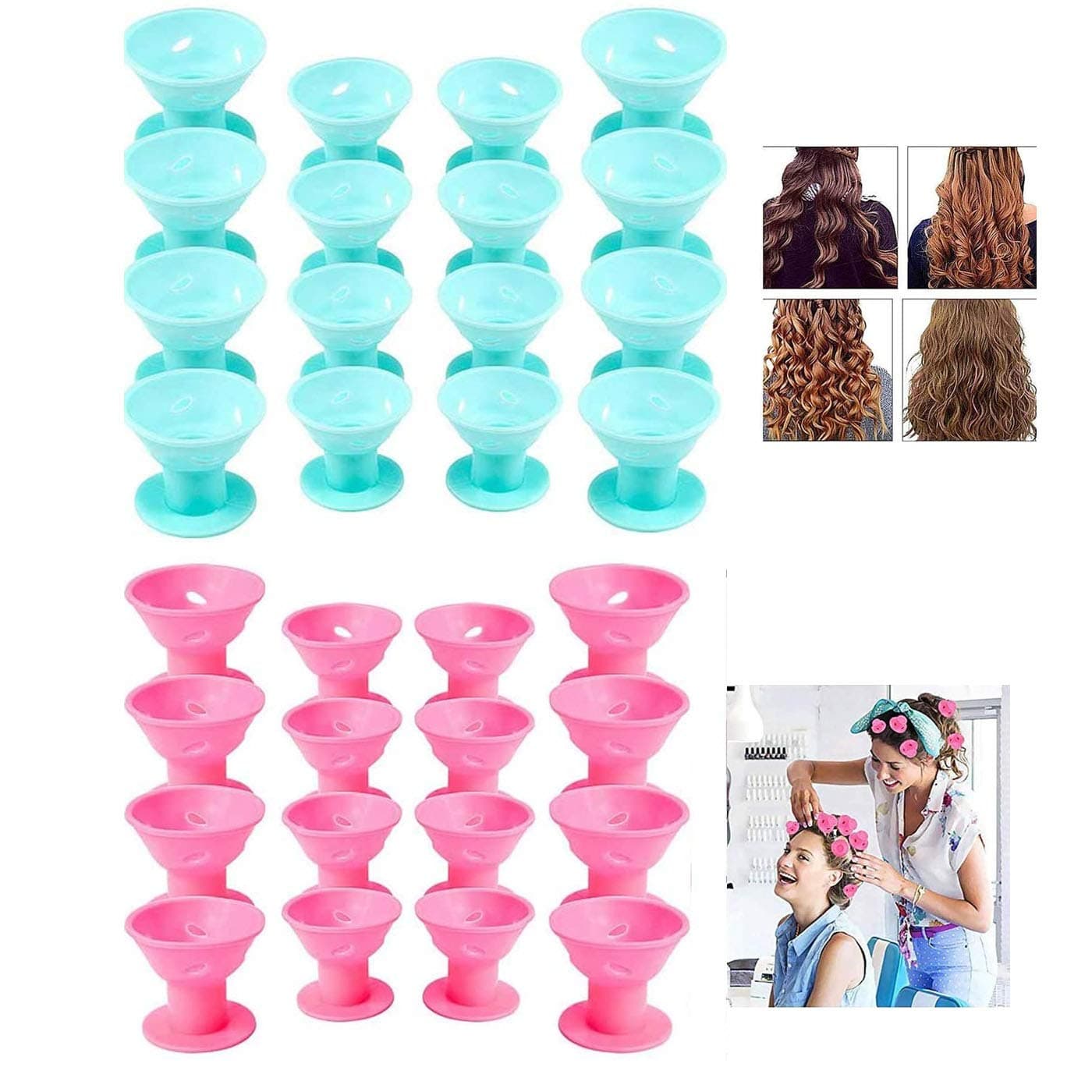 Silicone Hair Curlers Set,WolinTek 30 Pcs Pink Magic Hair Rollers,Include 20pcs Large Silicone Curlers and 20pcs Small Silicone Hair Curlers(pink and blue)