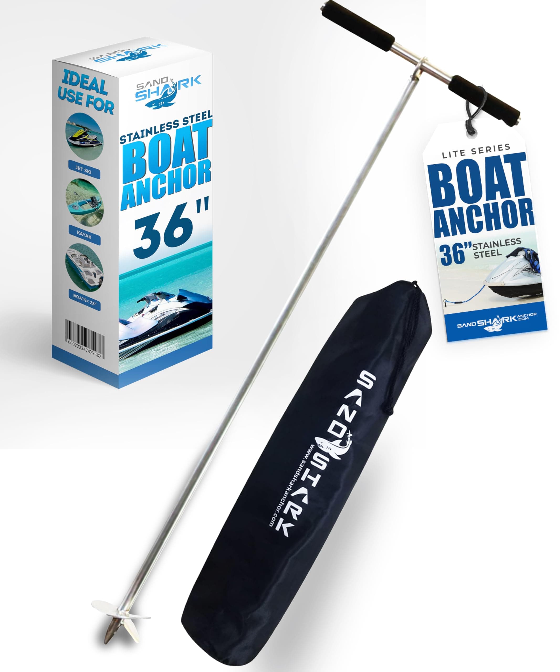 SandShark Boat Or Pontoon Sand Anchor for The Beach Or Sandbar. Stainless Steel with Removable Handle 36'.