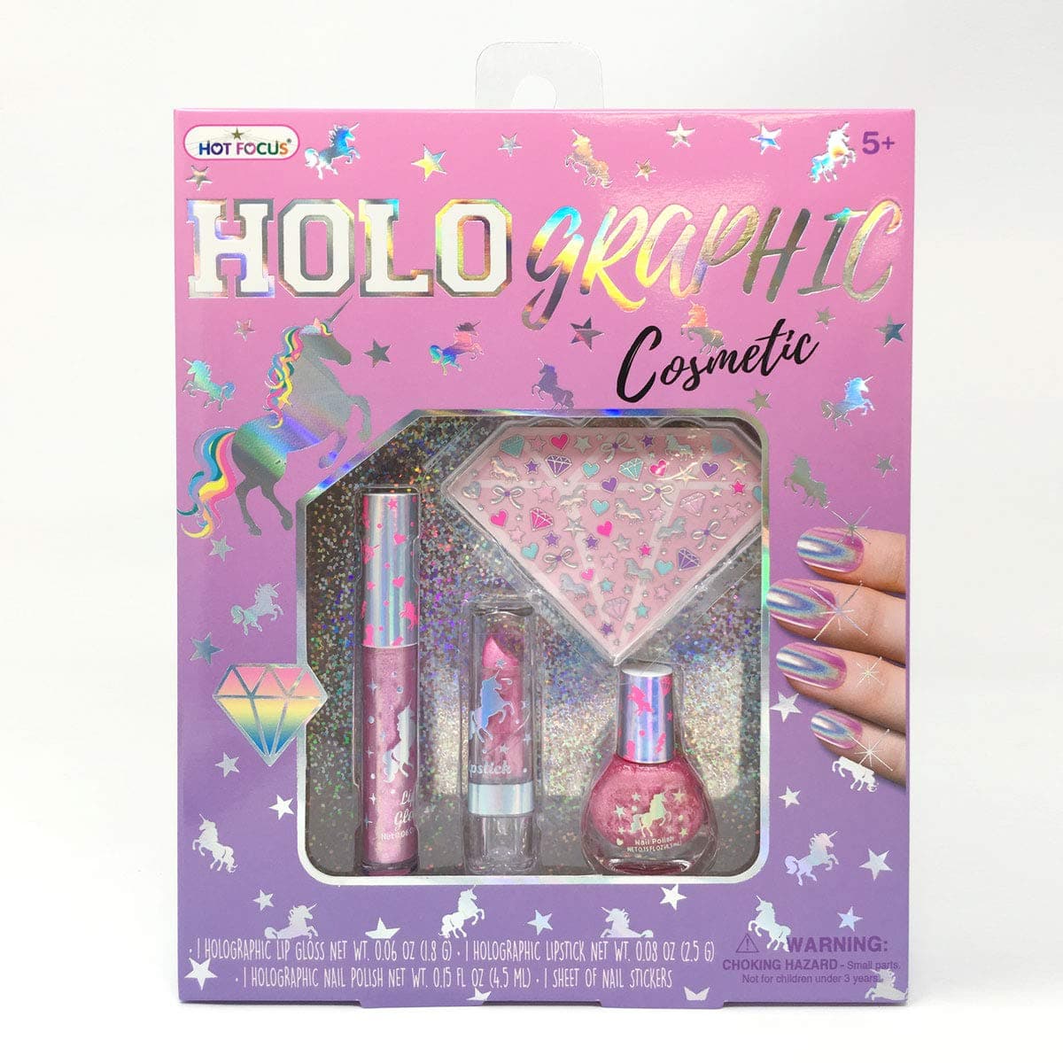 Hot Focus Holographic/ Iridescent Effect Cosmetic Set, Unicorn – 1 Nail Polish, 1 Lip Gloss, 1 Lipstick. Water-Based Non-Toxic Peel Off Nail Polish