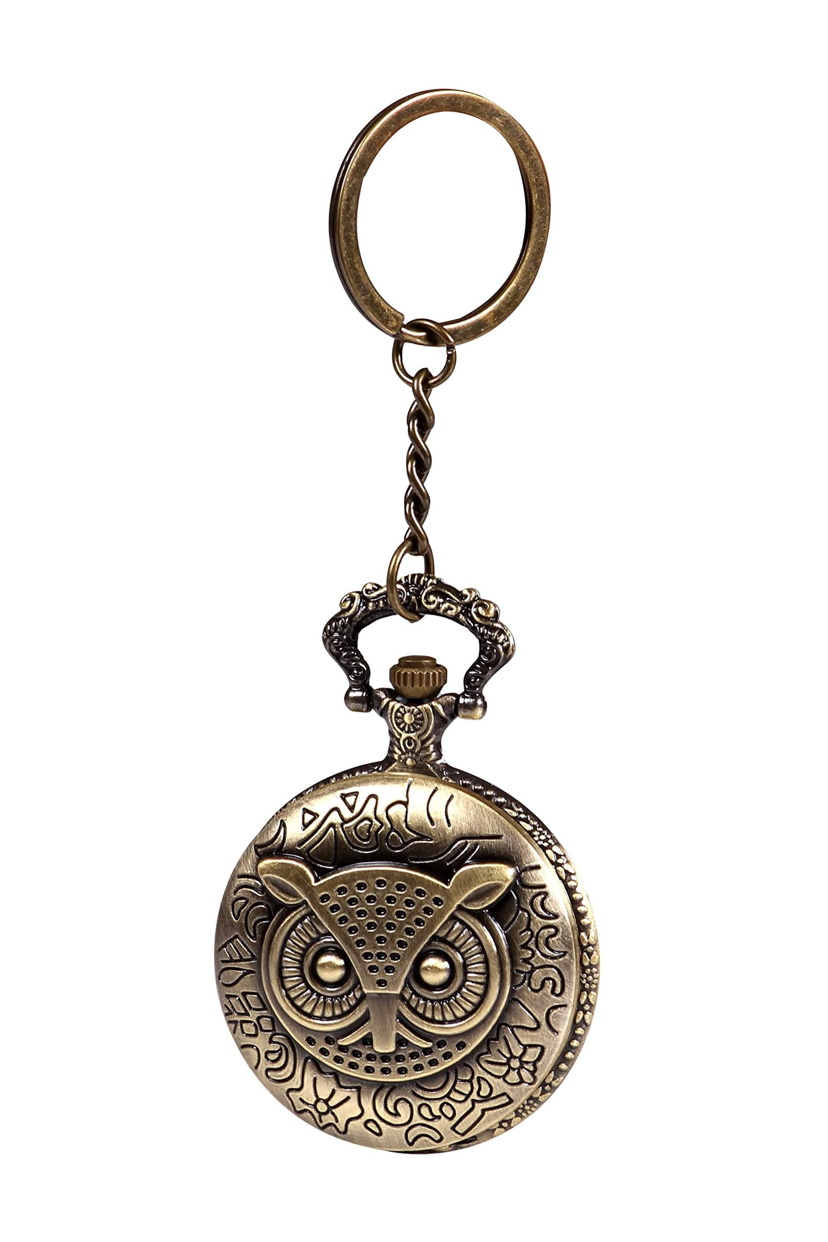 Metal Owl Design Analogue White Round Dial Antique Pocket Watch Keychain