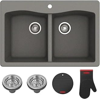KRAUS Forteza™ 33” Dual Mount 50/50 Double Bowl Granite Kitchen Sink in Grey, KGD-52GREY