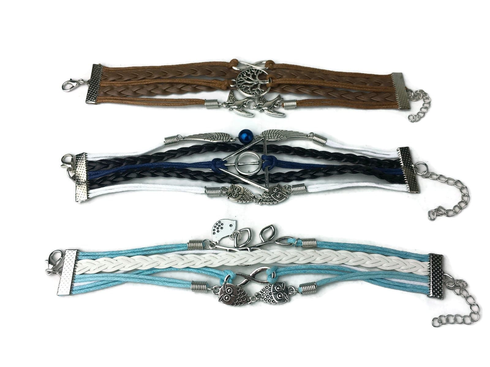 Set of 3, Leather Stack Bracelets; Tree of Life, Harry Potter, Owl, Infinity, and Love Charms.