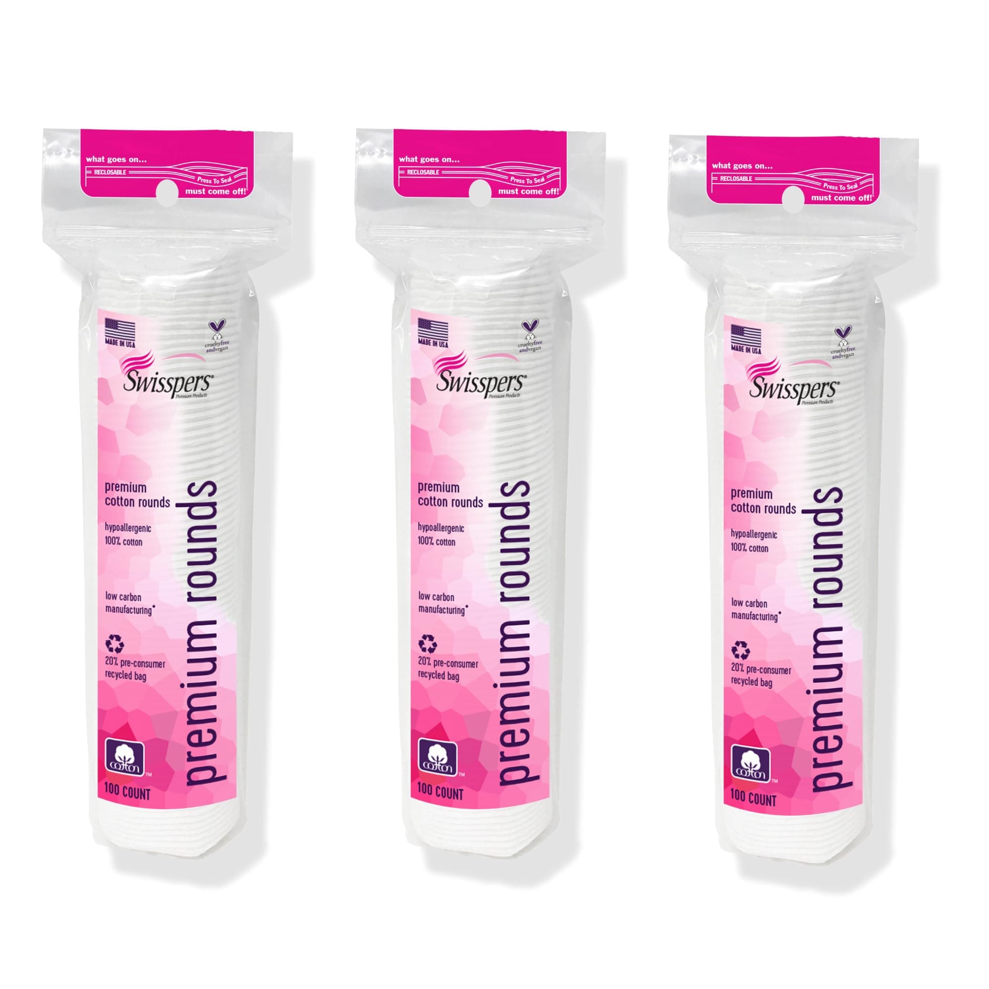 Swisspers Premium Cotton Rounds, Dual Sided Pads - 100 Pads (Pack of 3) - 100% Pure Chlorine-Free Cotton, Hypoallergenic & Dermotologist Tested - Cotton Pads for Makeup & Nail Polish Removal